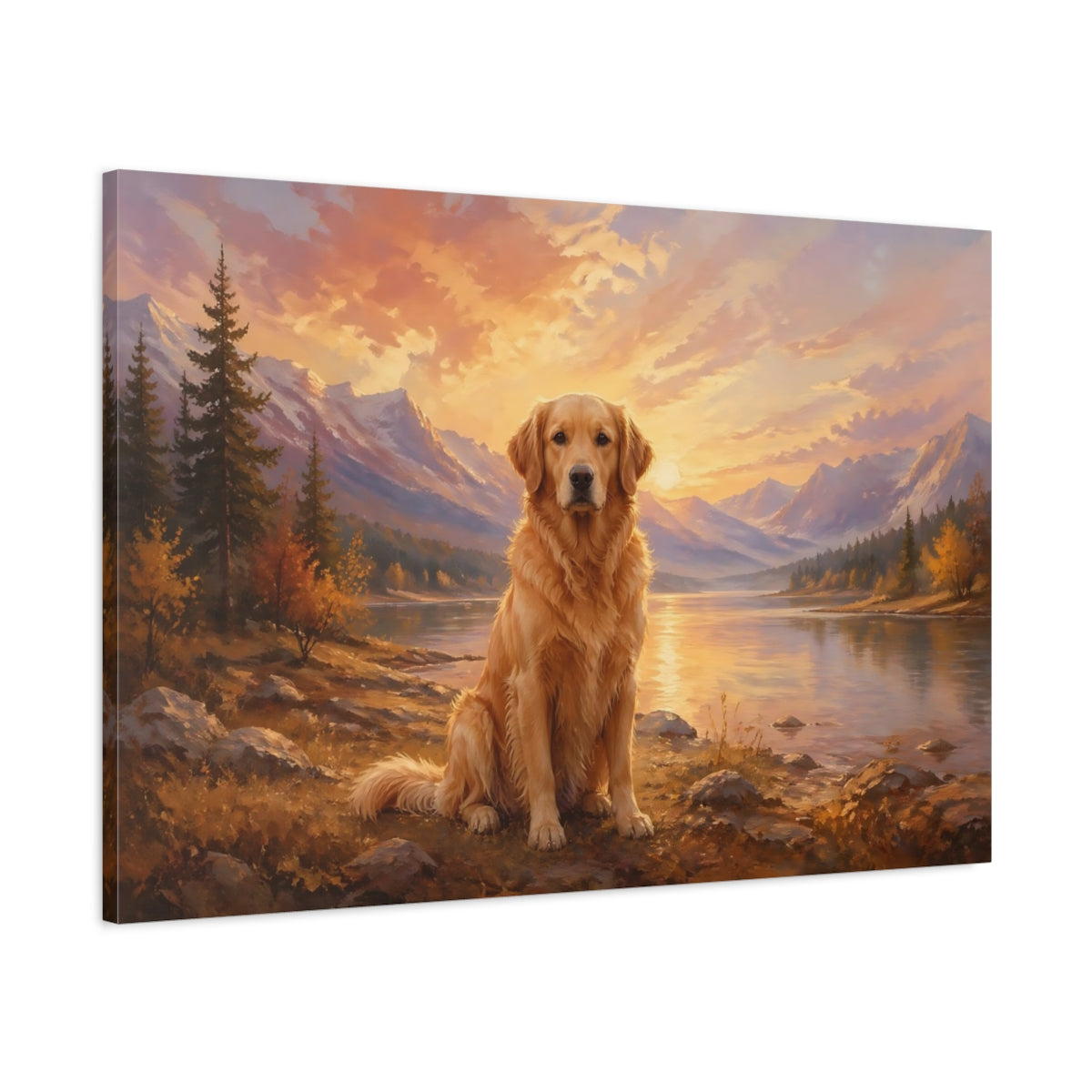 Main Mockup. Animals Golden Retriever Golden Retriever Sunset shown as stretched canvas wall art