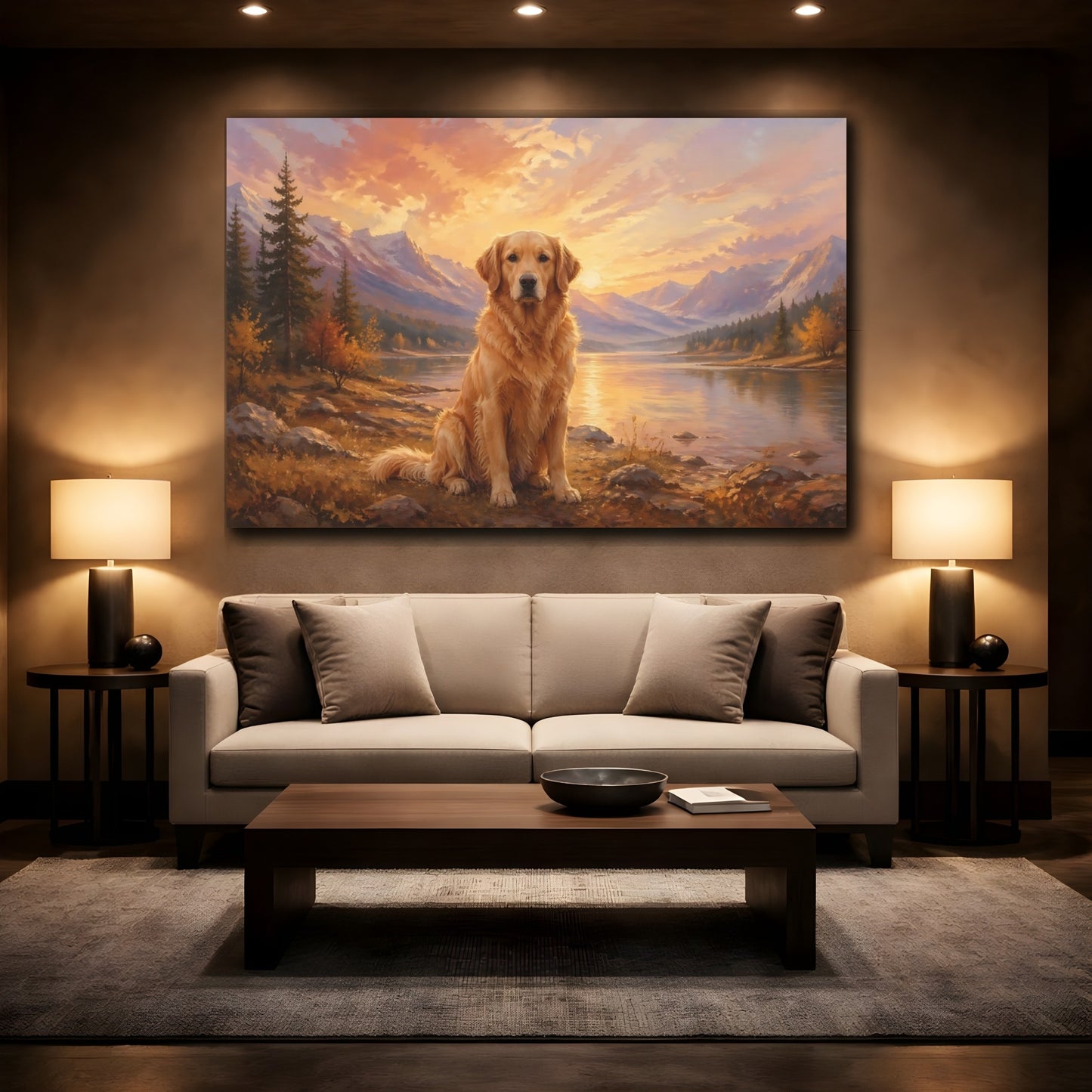 Mockup 2. Animals Golden Retriever Golden Retriever Sunset shown as stretched canvas wall art