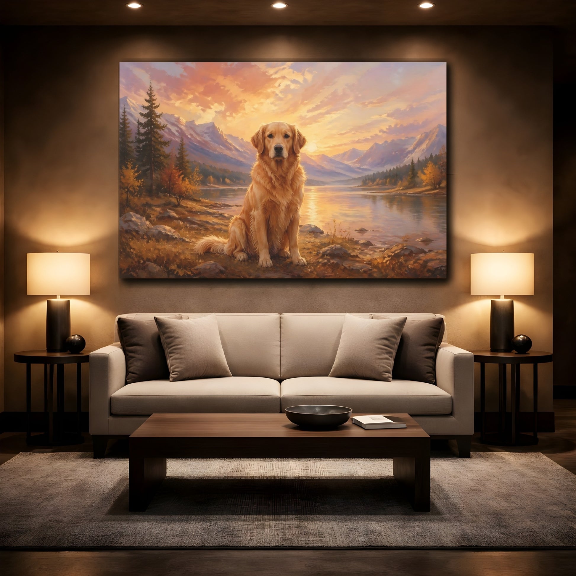Mockup 2. Animals Golden Retriever Golden Retriever Sunset shown as stretched canvas wall art