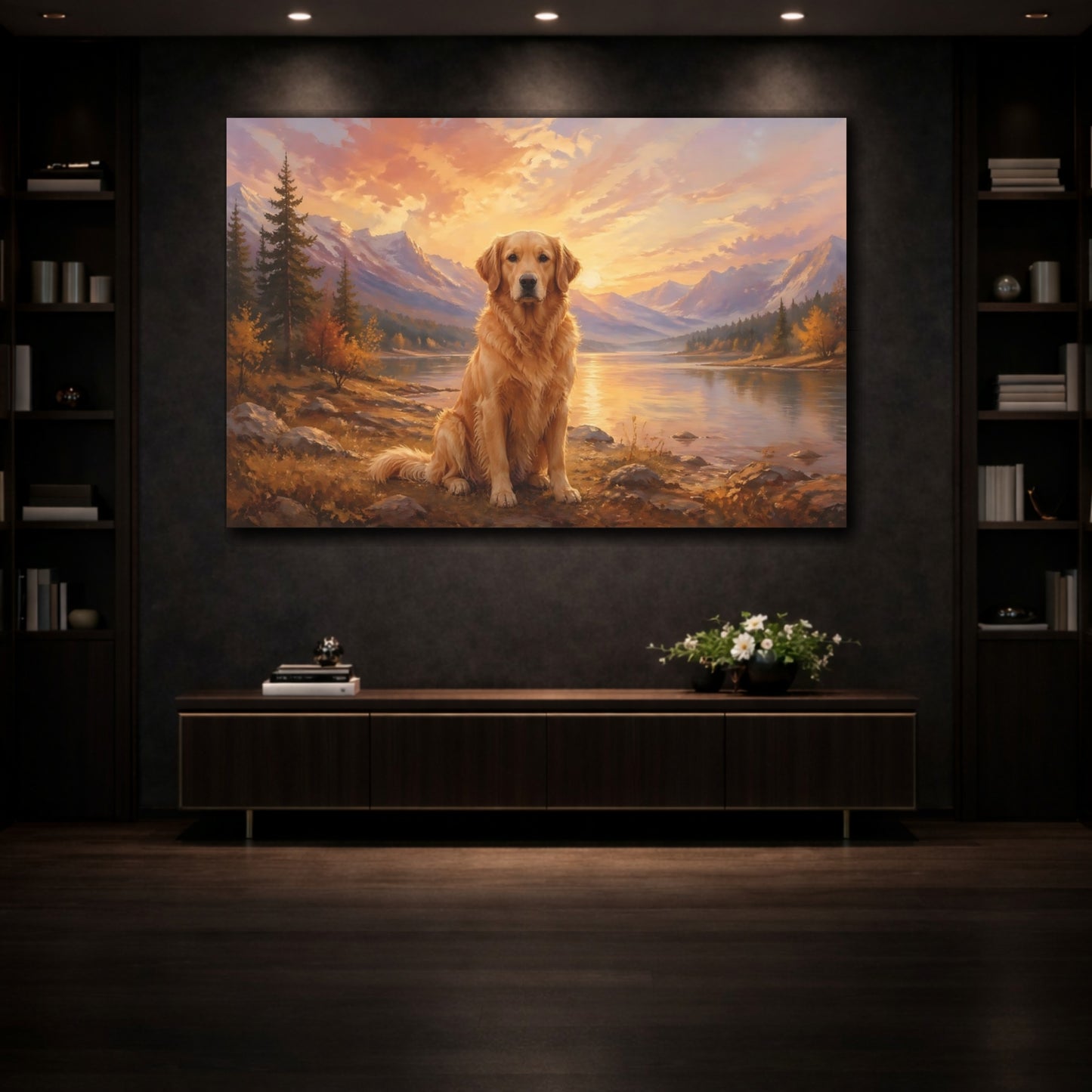Mockup 3. Animals Golden Retriever Golden Retriever Sunset shown as stretched canvas wall art