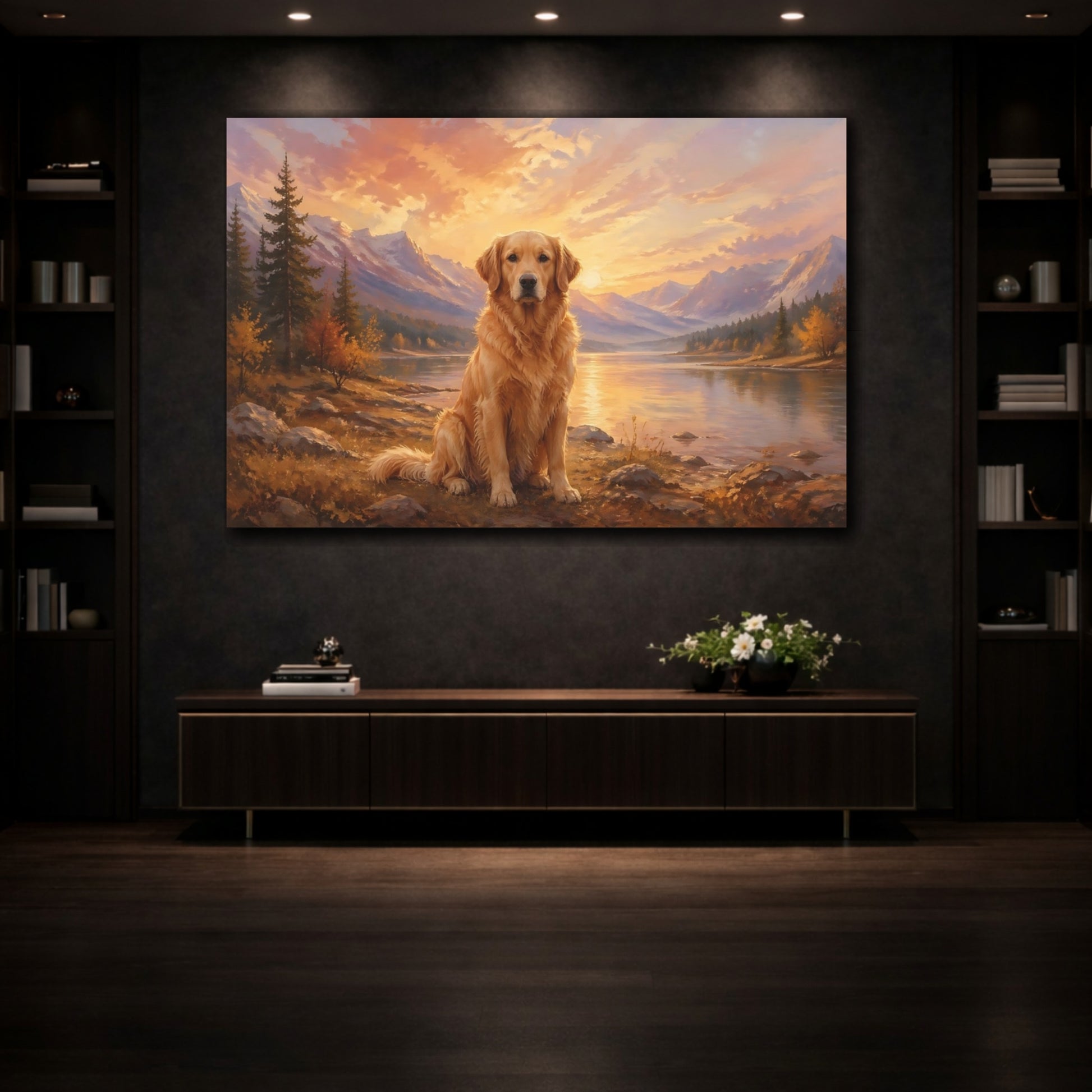 Mockup 3. Animals Golden Retriever Golden Retriever Sunset shown as stretched canvas wall art