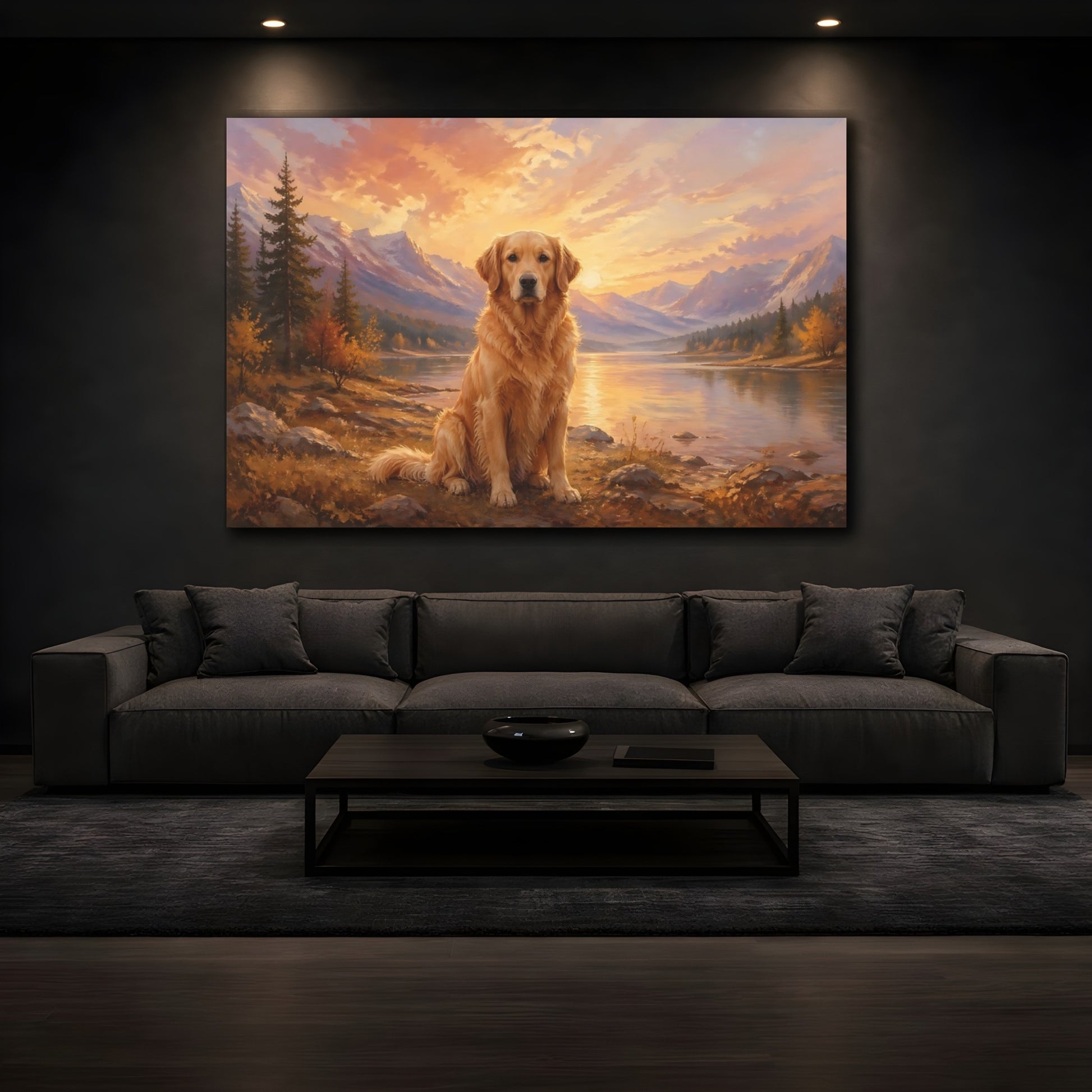 Mockup 4. Animals Golden Retriever Golden Retriever Sunset shown as stretched canvas wall art