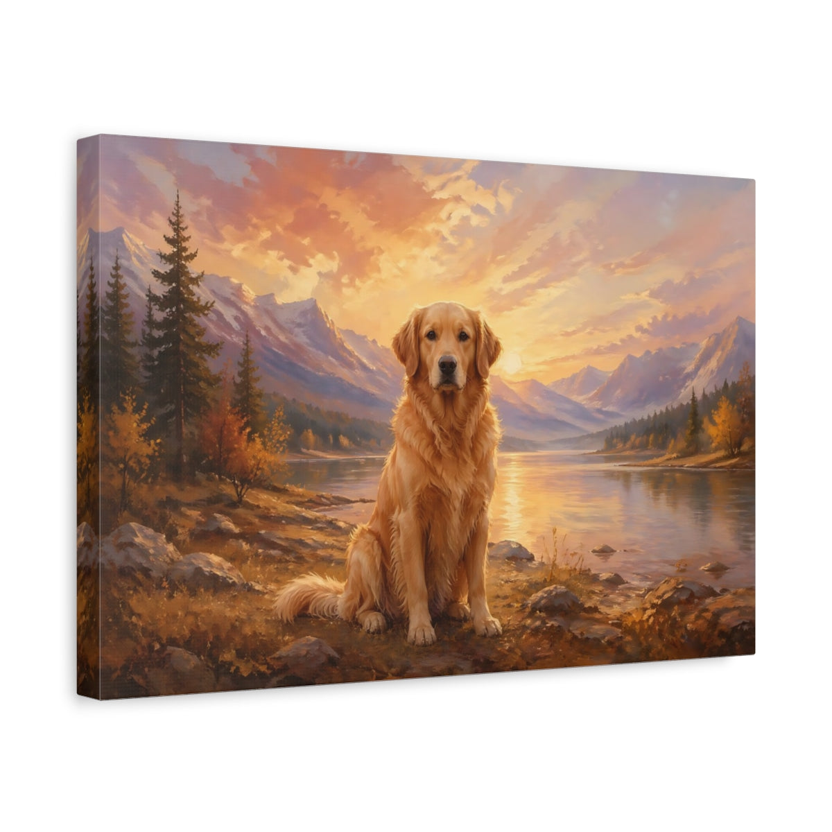 Side Mockup 4. Animals Golden Retriever Golden Retriever Sunset shown as stretched canvas wall art