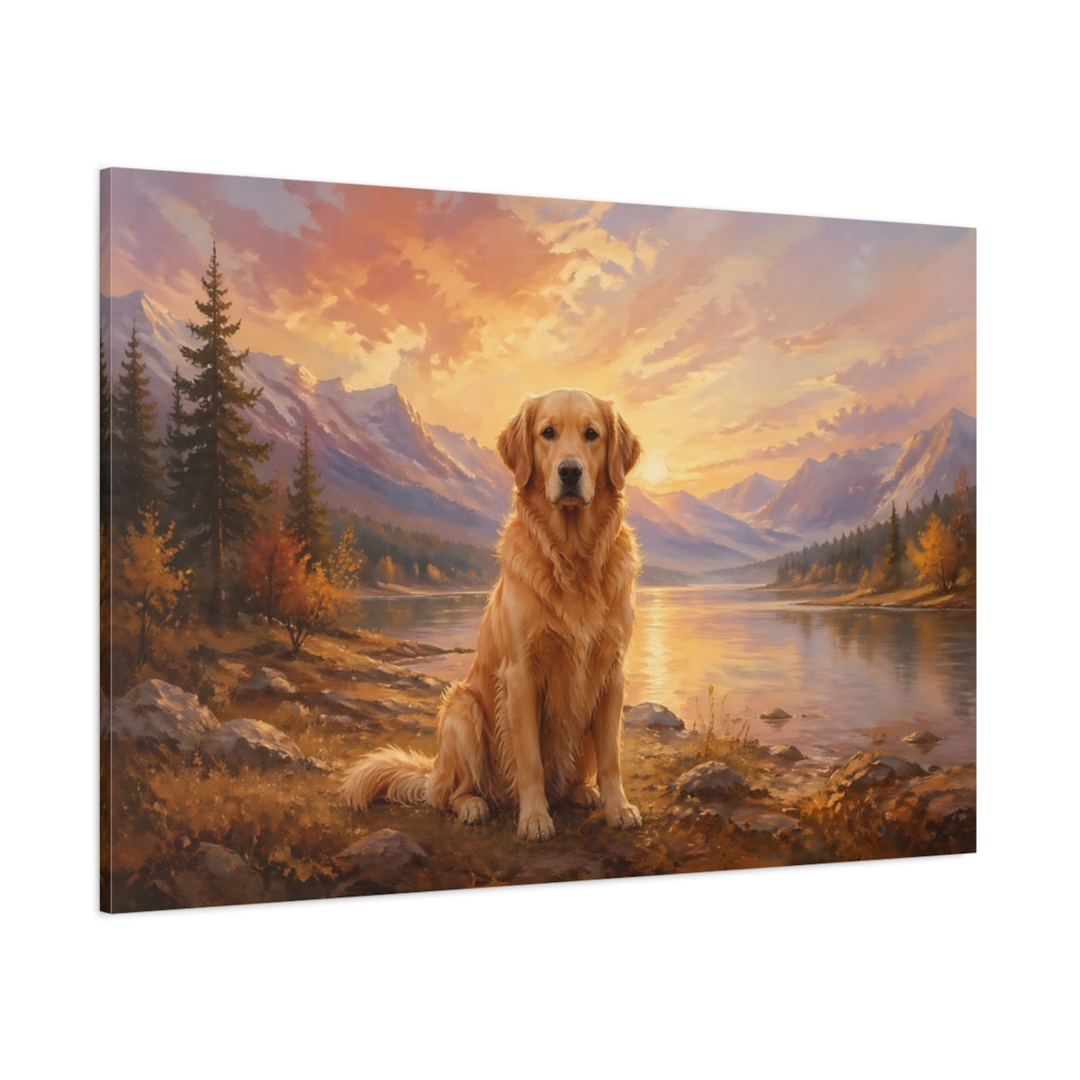 Side Mockup 1. Animals Golden Retriever Golden Retriever Sunset shown as stretched canvas wall art