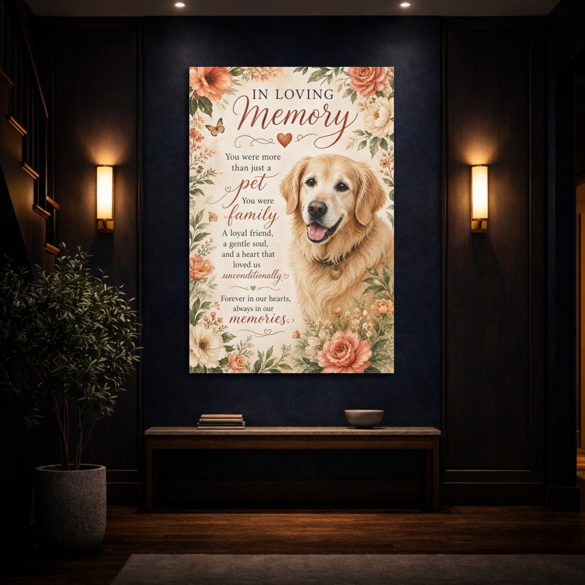 Animals Golden Retriever Warm Floral Dog Canvas Print – Watercolor Living Room, Large Wall - YesArtYes