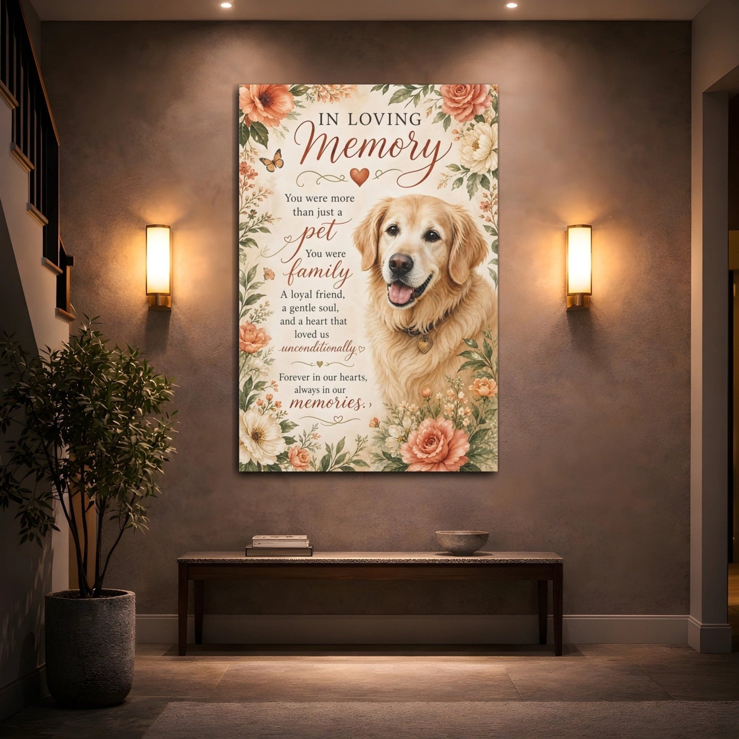 Animals Golden Retriever Warm Floral Dog Canvas Print – Watercolor Living Room, Large Wall - YesArtYes