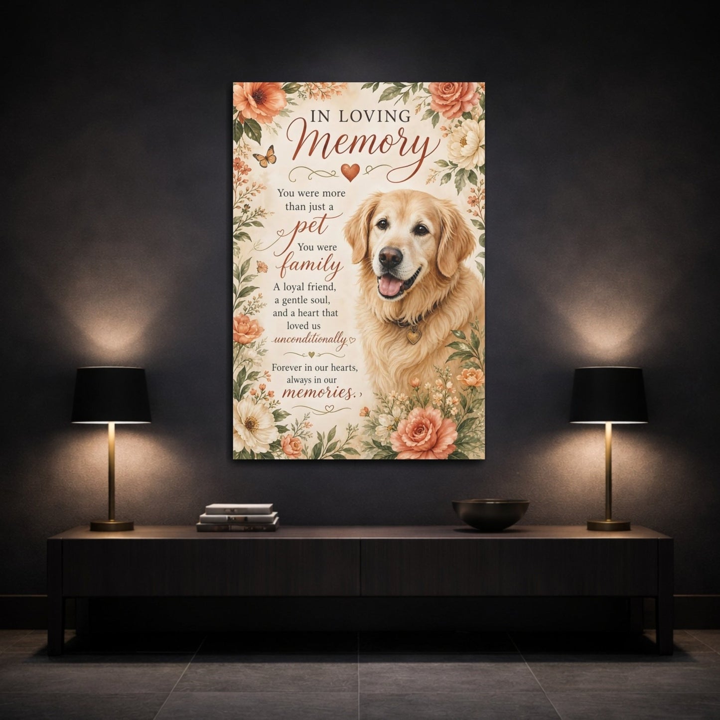 Animals Golden Retriever Warm Floral Dog Canvas Print – Watercolor Living Room, Large Wall - YesArtYes