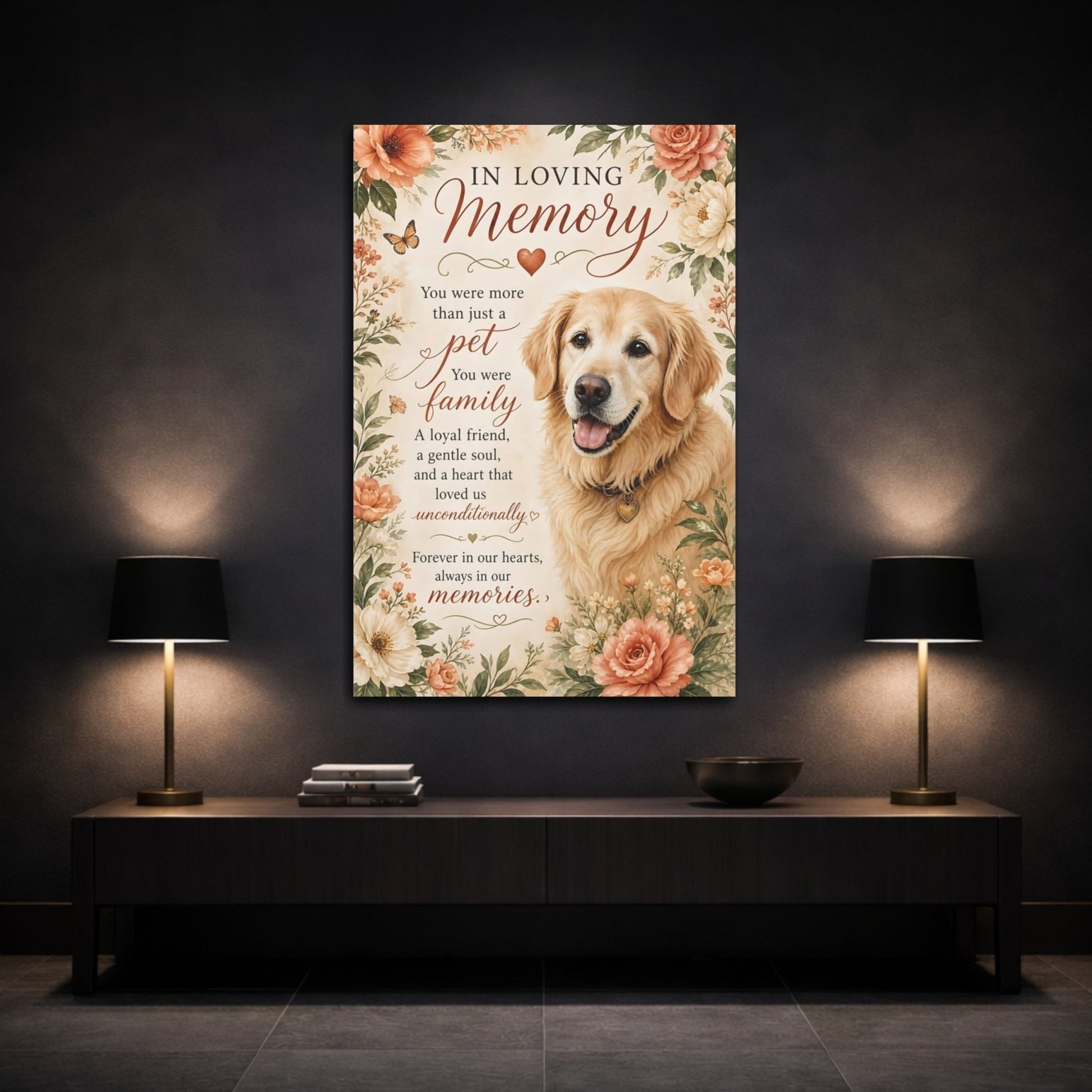 Animals Golden Retriever Warm Floral Dog Canvas Print – Watercolor Living Room, Large Wall - YesArtYes