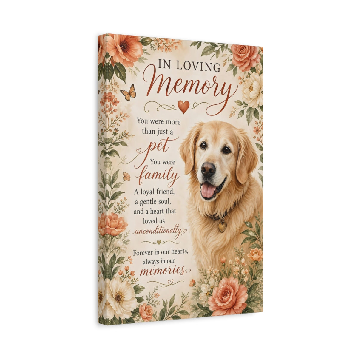 Side Mockup 4. Animals Golden Retriever Warm Floral Dog shown as stretched canvas wall art