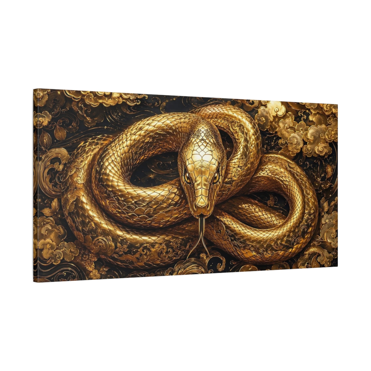 Main Mockup. Animals Golden Snake Gold And Black shown as stretched canvas wall art