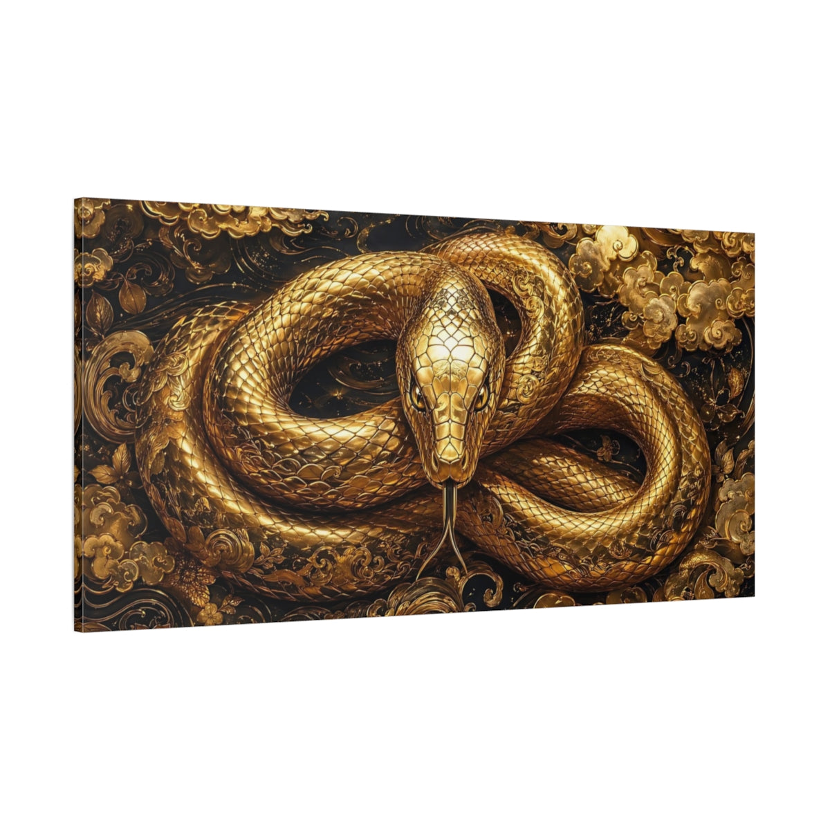Side Mockup 2. Animals Golden Snake Gold And Black shown as stretched canvas wall art