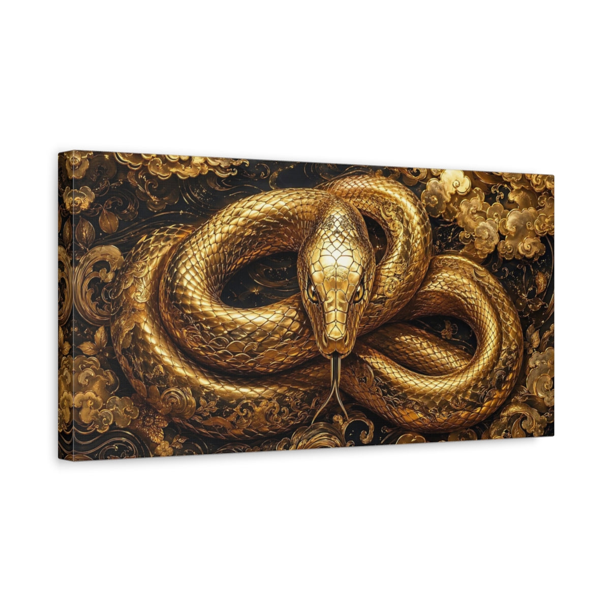 Side Mockup 3. Animals Golden Snake Gold And Black shown as stretched canvas wall art