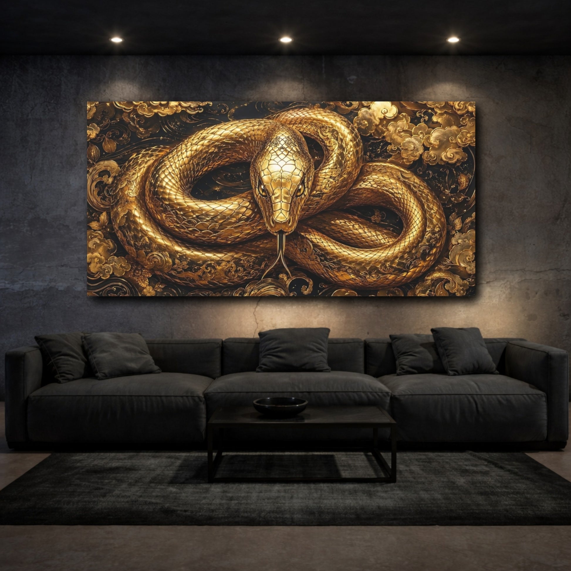 Mockup 2. Animals Golden Snake Gold And Black shown as stretched canvas wall art