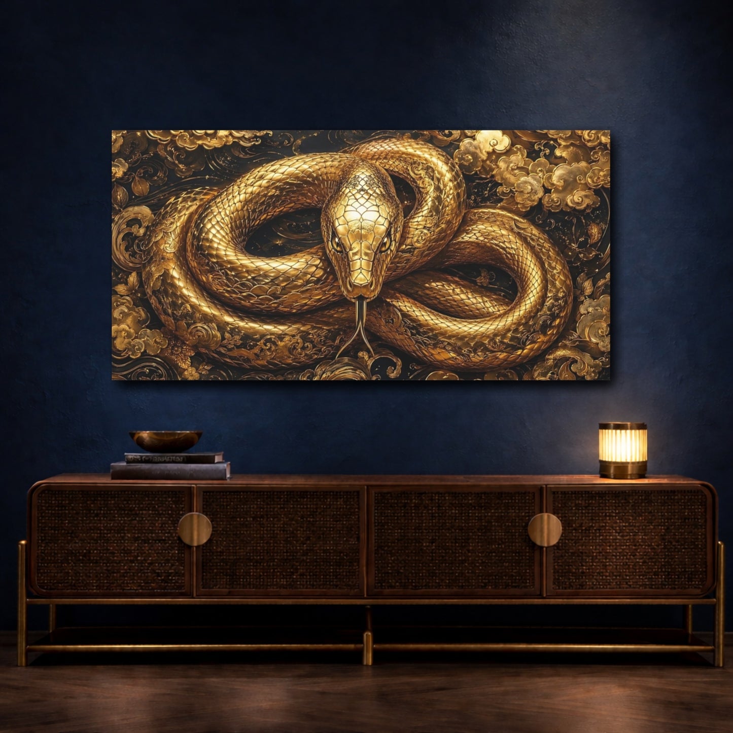 Mockup 3. Animals Golden Snake Gold And Black shown as stretched canvas wall art