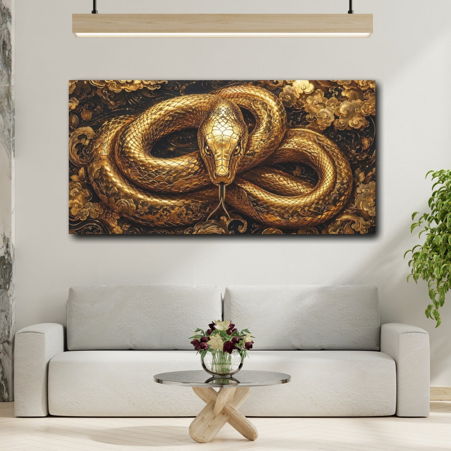 Mockup 4. Animals Golden Snake Gold And Black shown as stretched canvas wall art