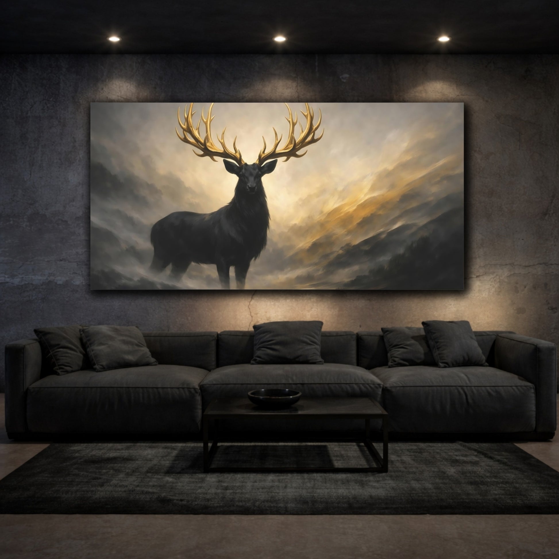 Mockup 2. Animals Golden Stag Black Gold Stag shown as stretched canvas wall art