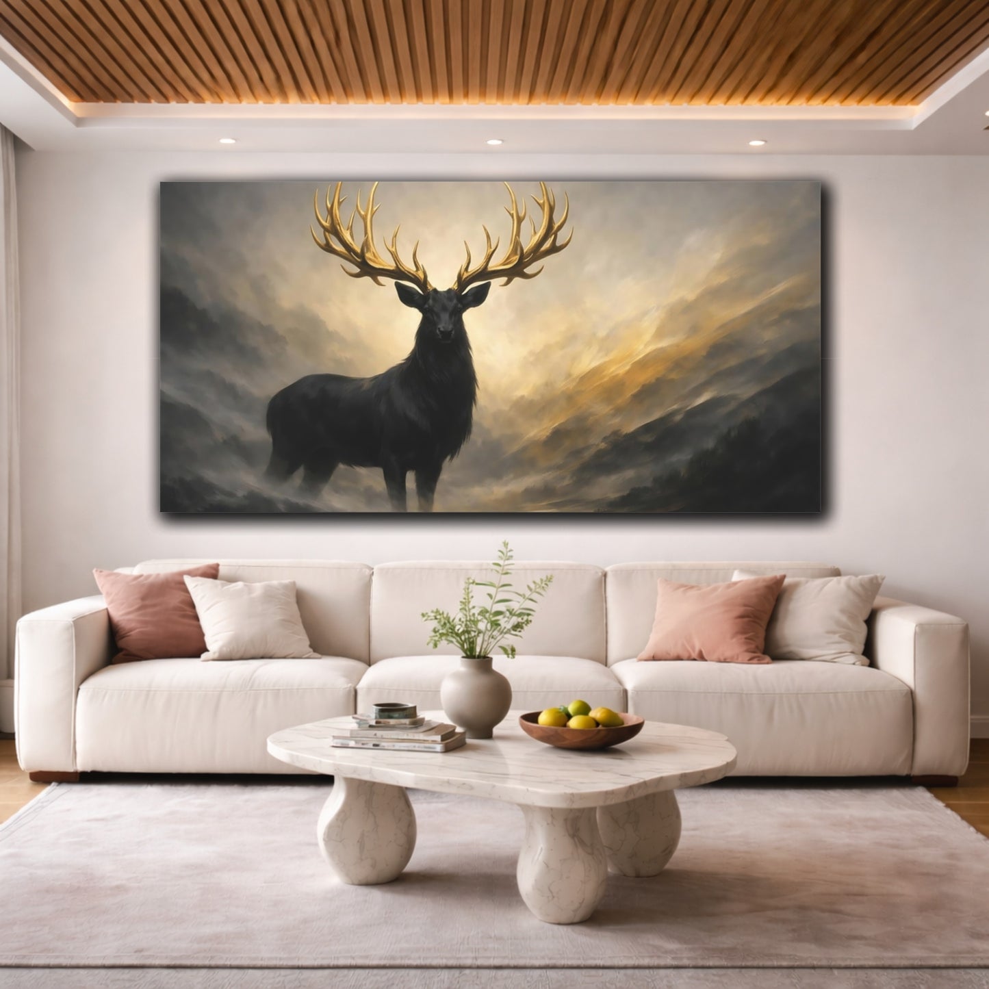 Mockup 3. Animals Golden Stag Black Gold Stag shown as stretched canvas wall art
