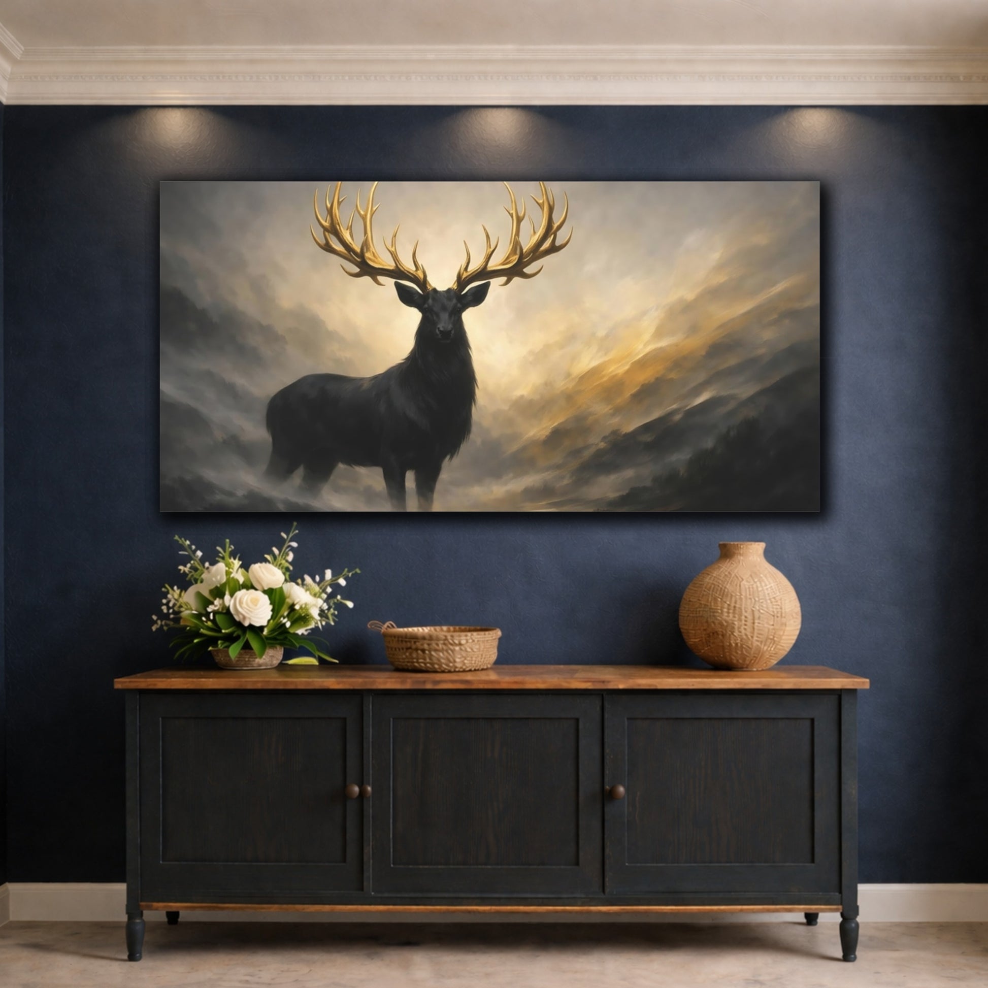 Mockup 4. Animals Golden Stag Black Gold Stag shown as stretched canvas wall art