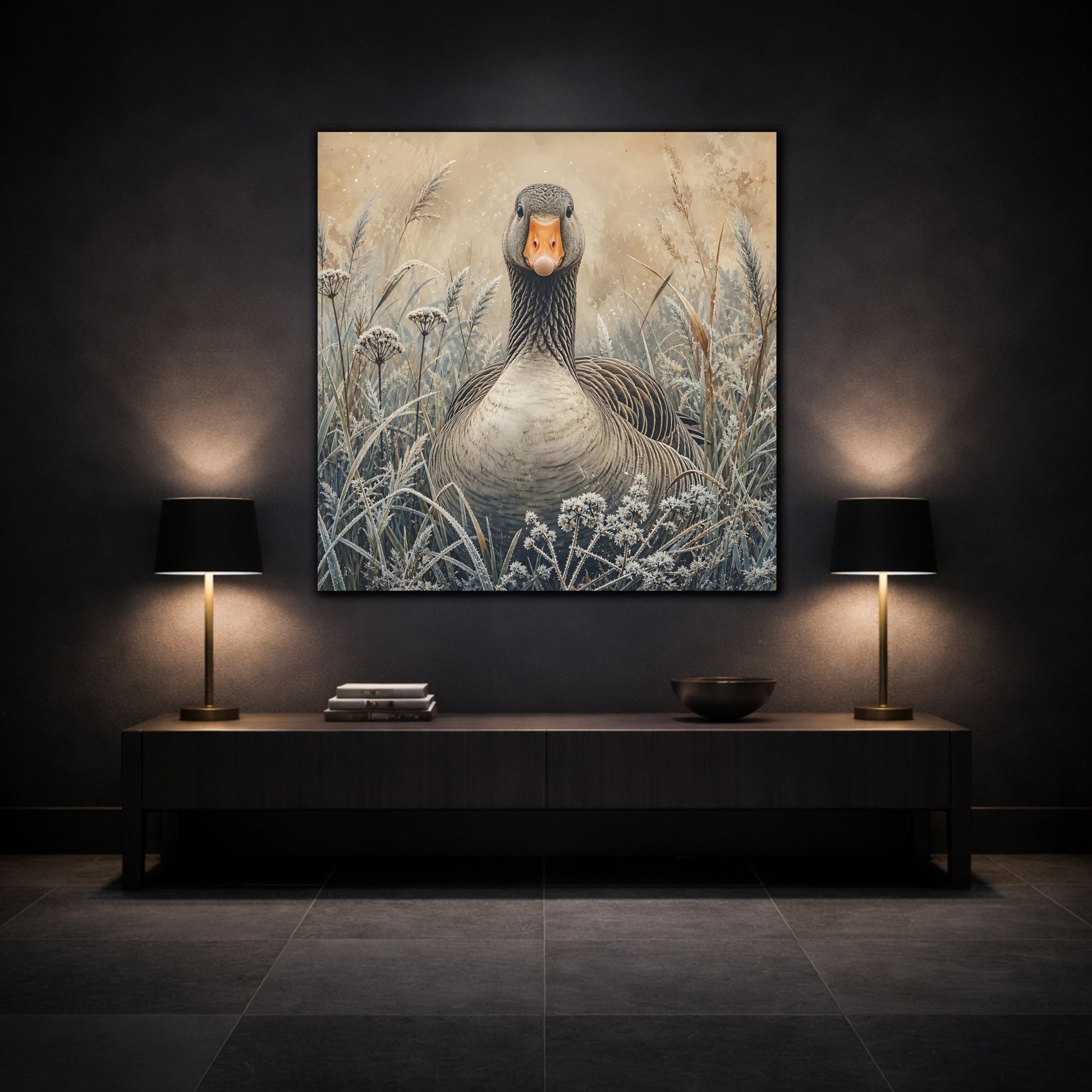Mockup 3. Animals Goose Brown Grey Goose shown as canvas print