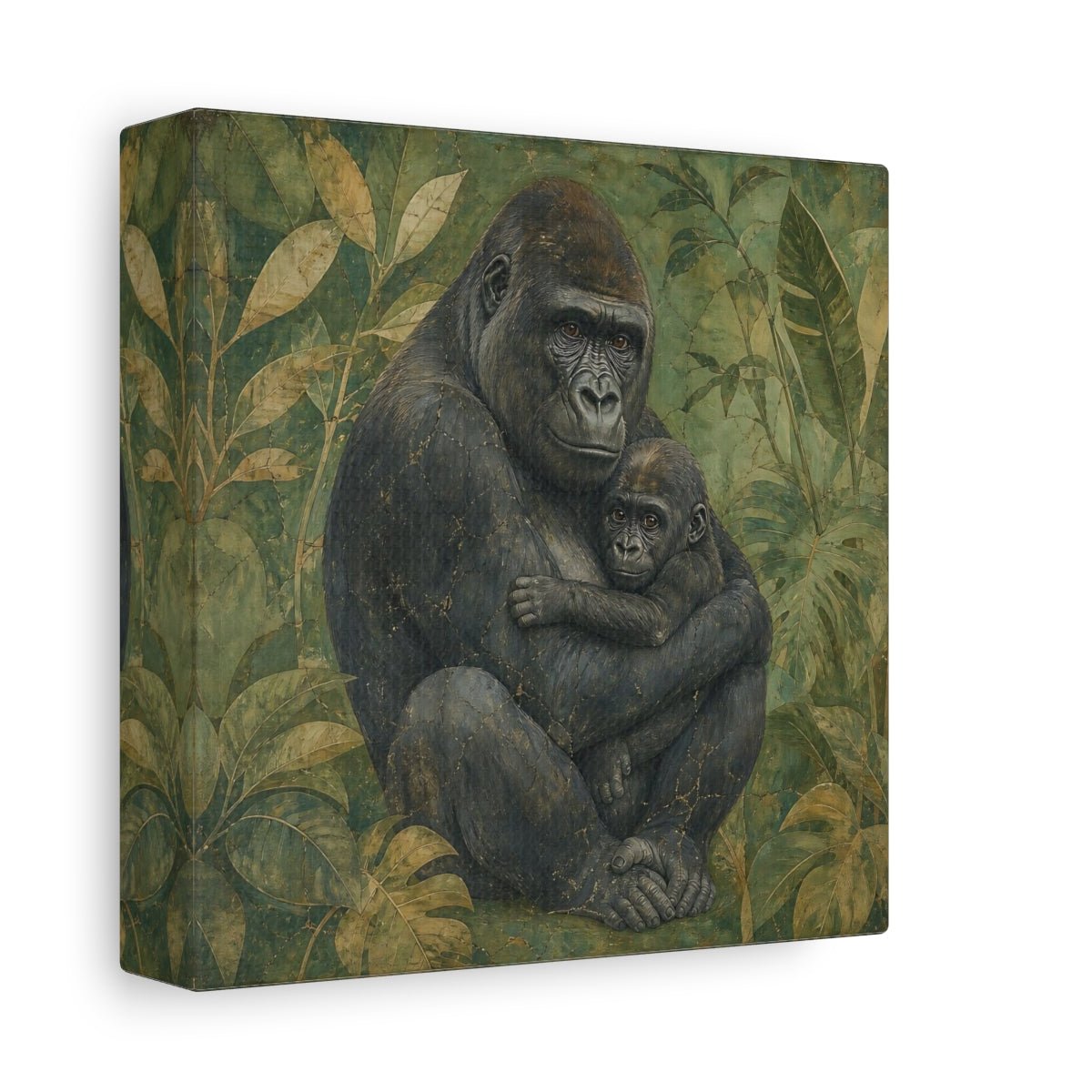 Animals Gorilla And Baby Green Canvas Print – Living Room, Above Console Table - YesArtYes