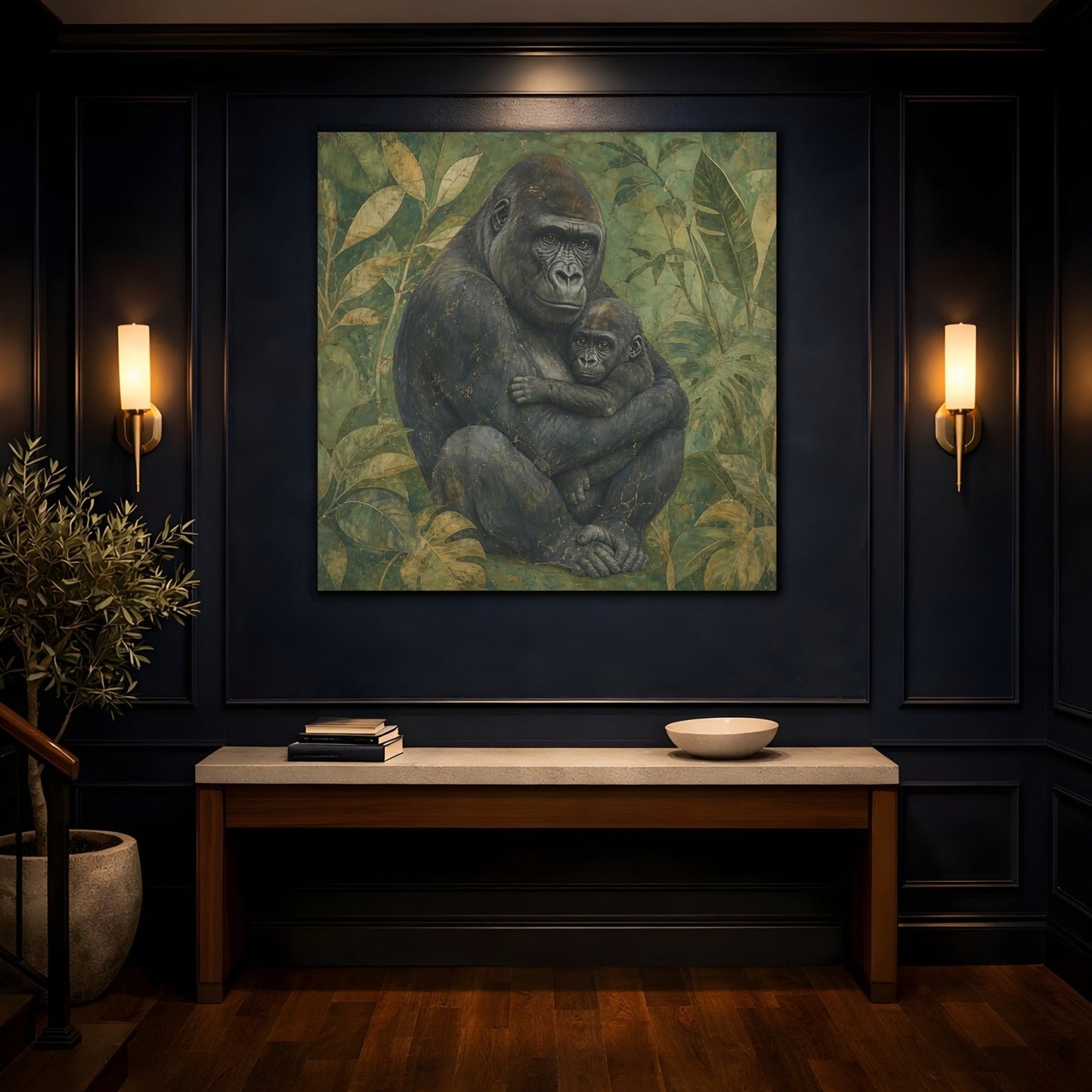 Animals Gorilla And Baby Green Canvas Print – Living Room, Above Console Table - YesArtYes