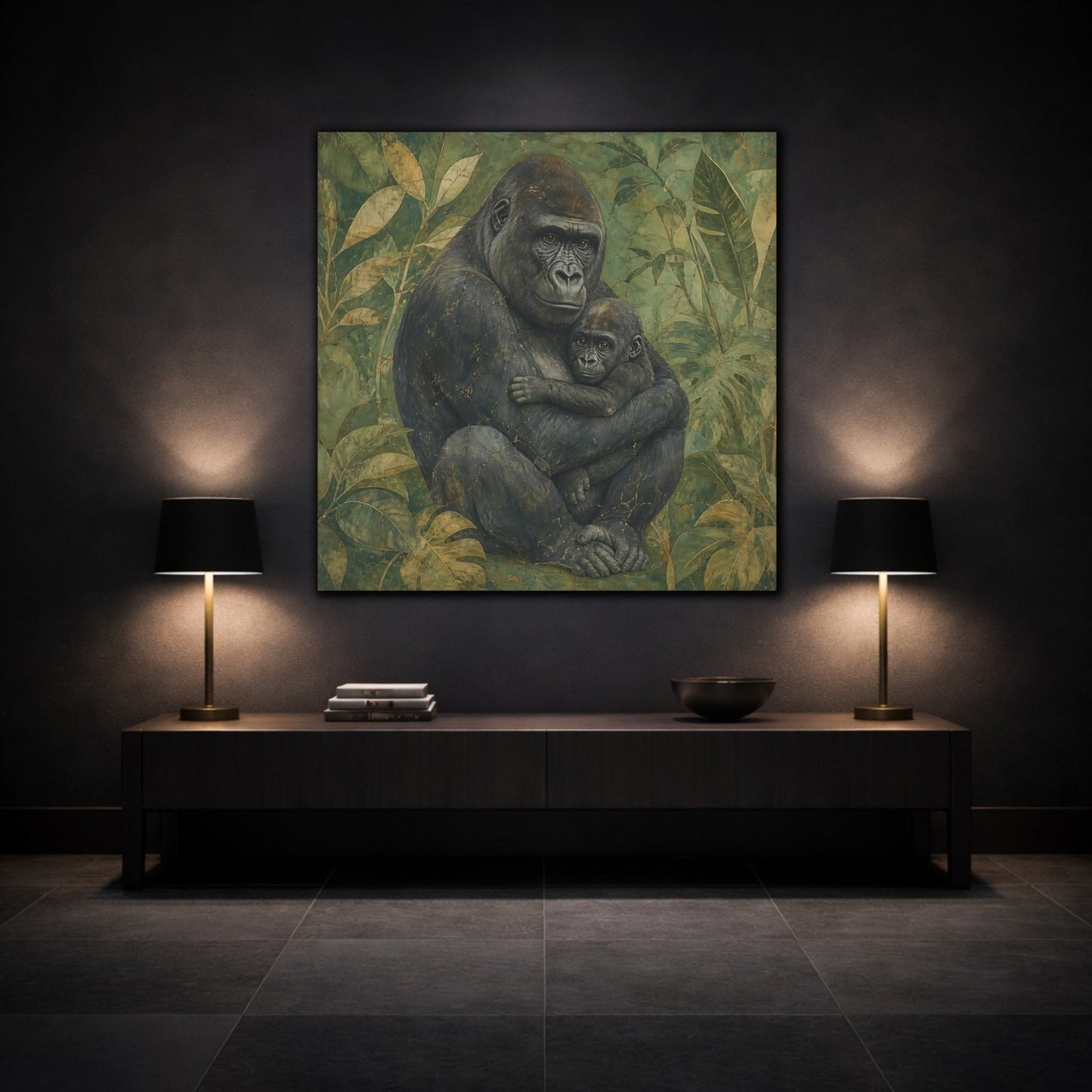 Animals Gorilla And Baby Green Canvas Print – Living Room, Above Console Table - YesArtYes