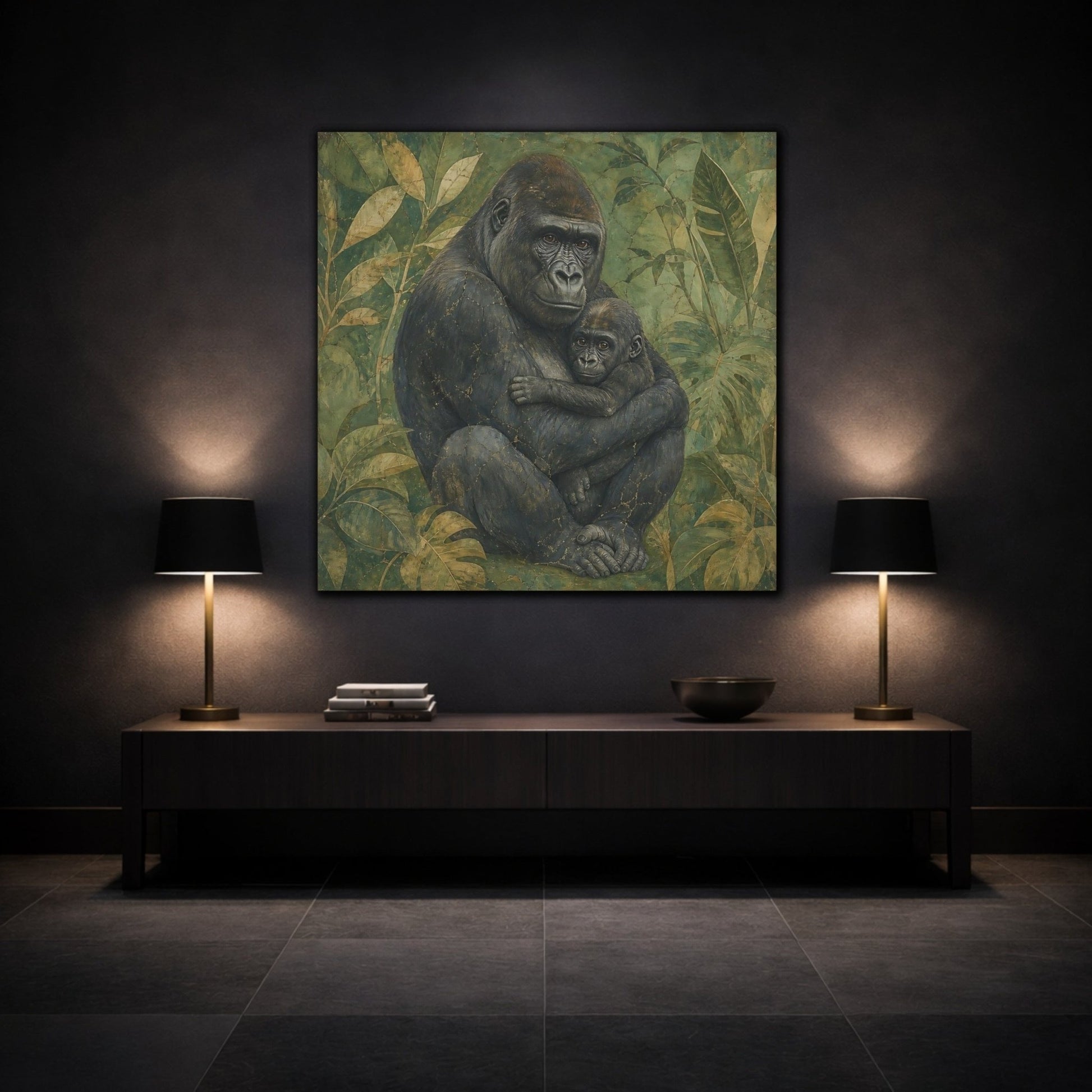 Animals Gorilla And Baby Green Canvas Print – Living Room, Above Console Table - YesArtYes