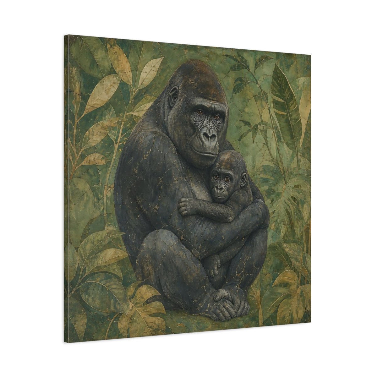 Animals Gorilla And Baby Green Canvas Print – Living Room, Above Console Table - YesArtYes