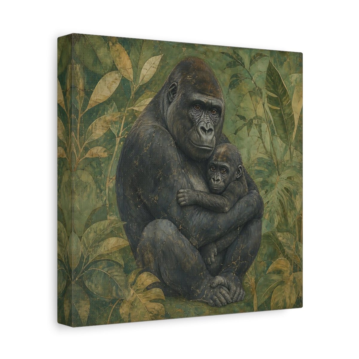 Animals Gorilla And Baby Green Canvas Print – Living Room, Above Console Table - YesArtYes