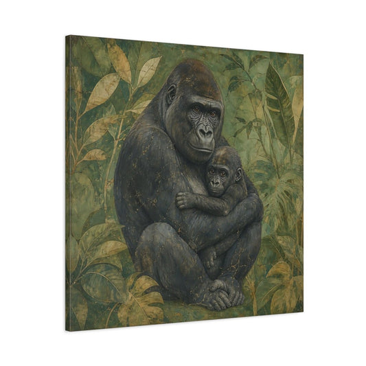 Animals Gorilla And Baby Green Canvas Print – Living Room, Above Console Table - YesArtYes
