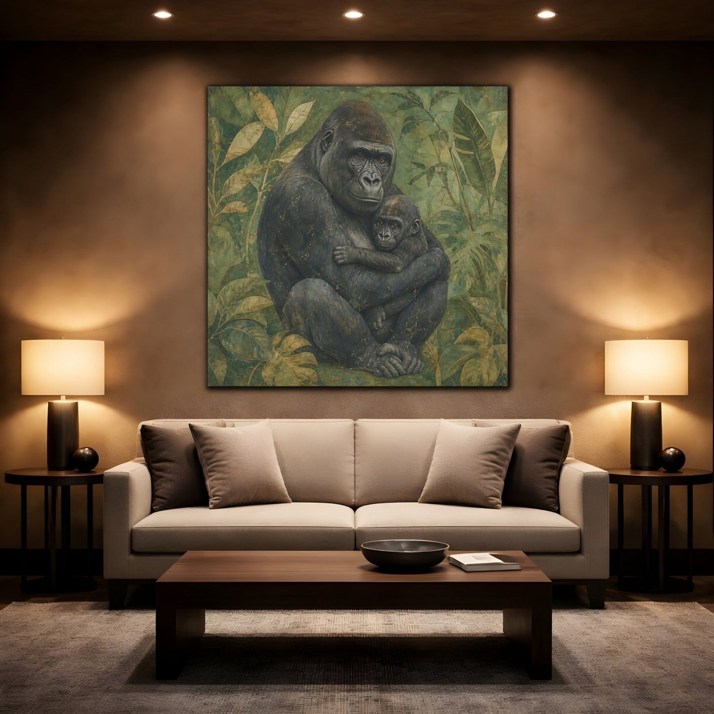 Animals Gorilla And Baby Green Canvas Print – Living Room, Above Console Table - YesArtYes