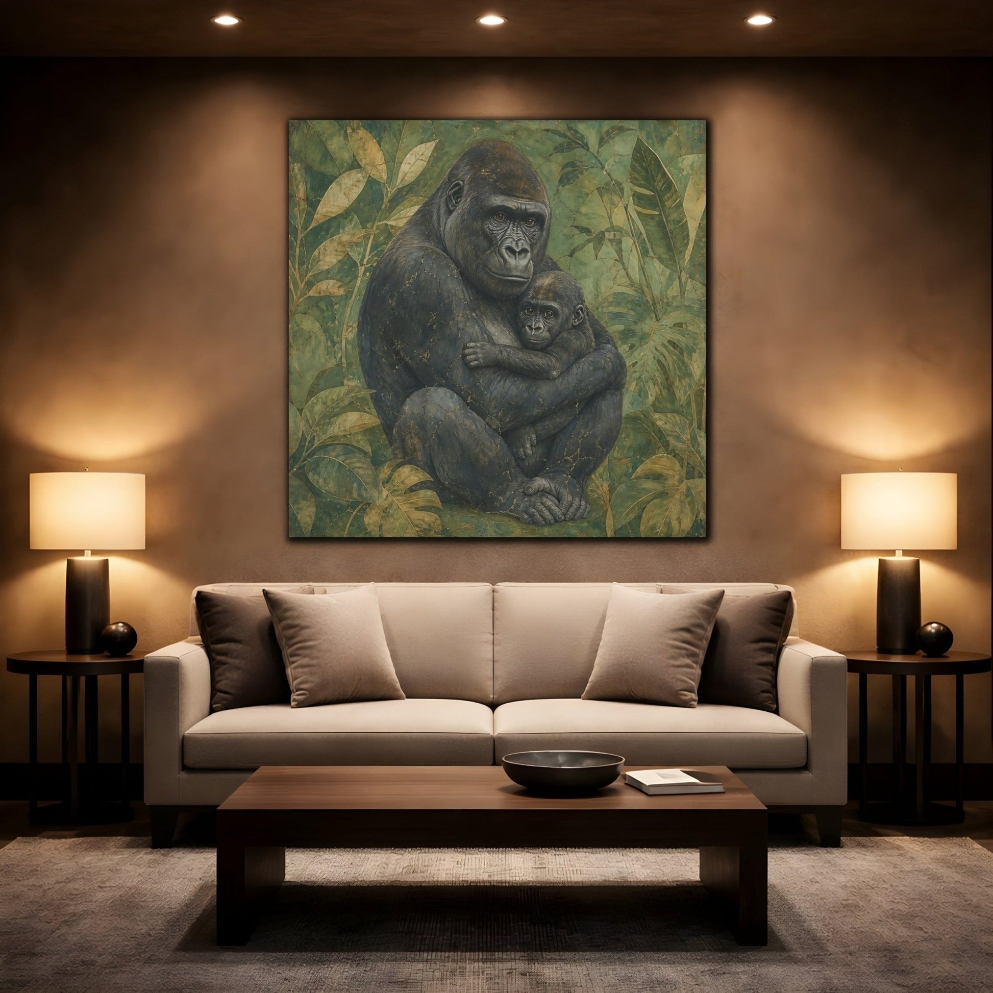 Animals Gorilla And Baby Green Canvas Print – Living Room, Above Console Table - YesArtYes