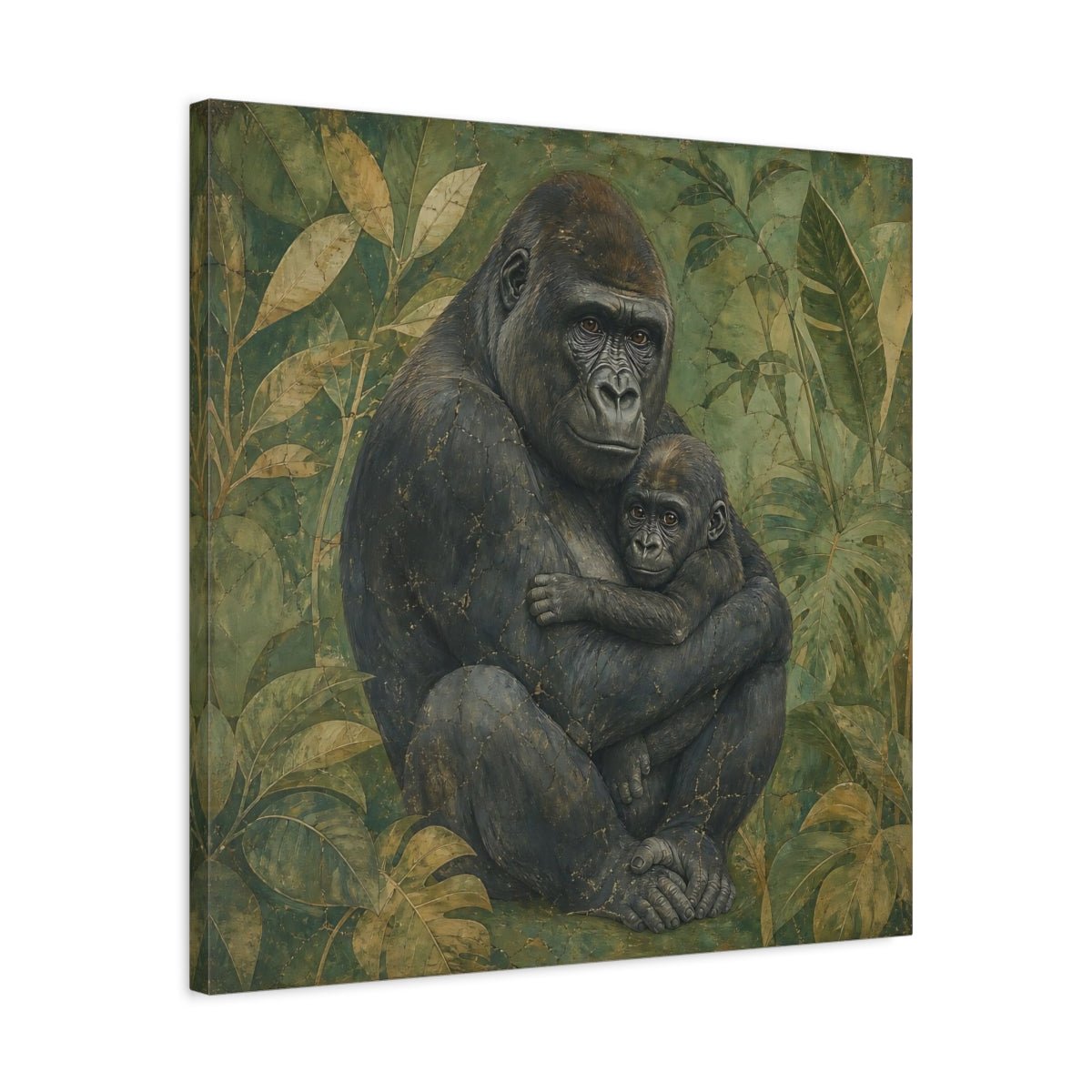 Animals Gorilla And Baby Green Canvas Print – Living Room, Above Console Table - YesArtYes