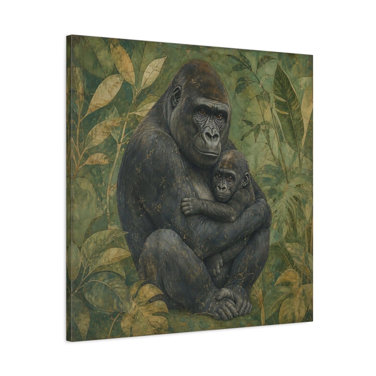 Animals Gorilla And Baby Green Canvas Print – Living Room, Above Console Table - YesArtYes