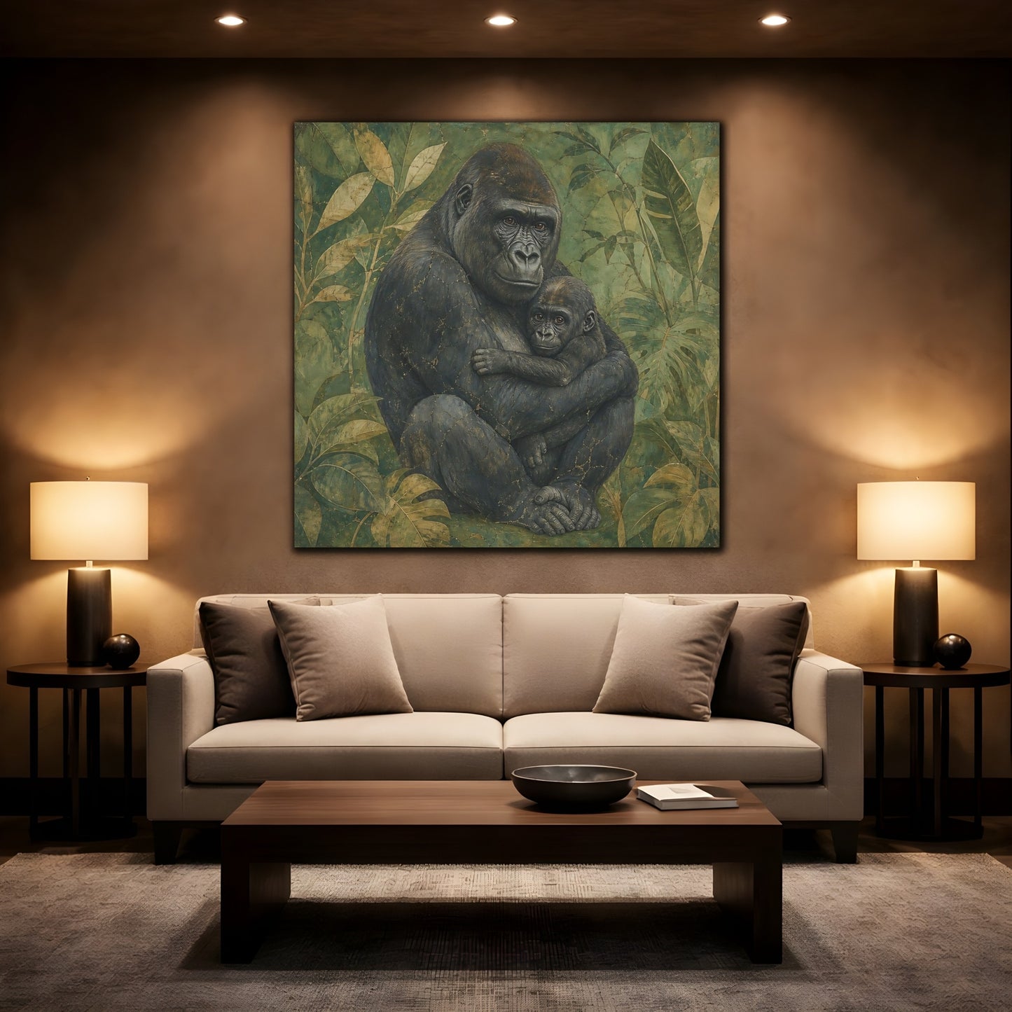 Mockup 2. Animals Gorilla And Baby Green Gorilla shown as canvas print