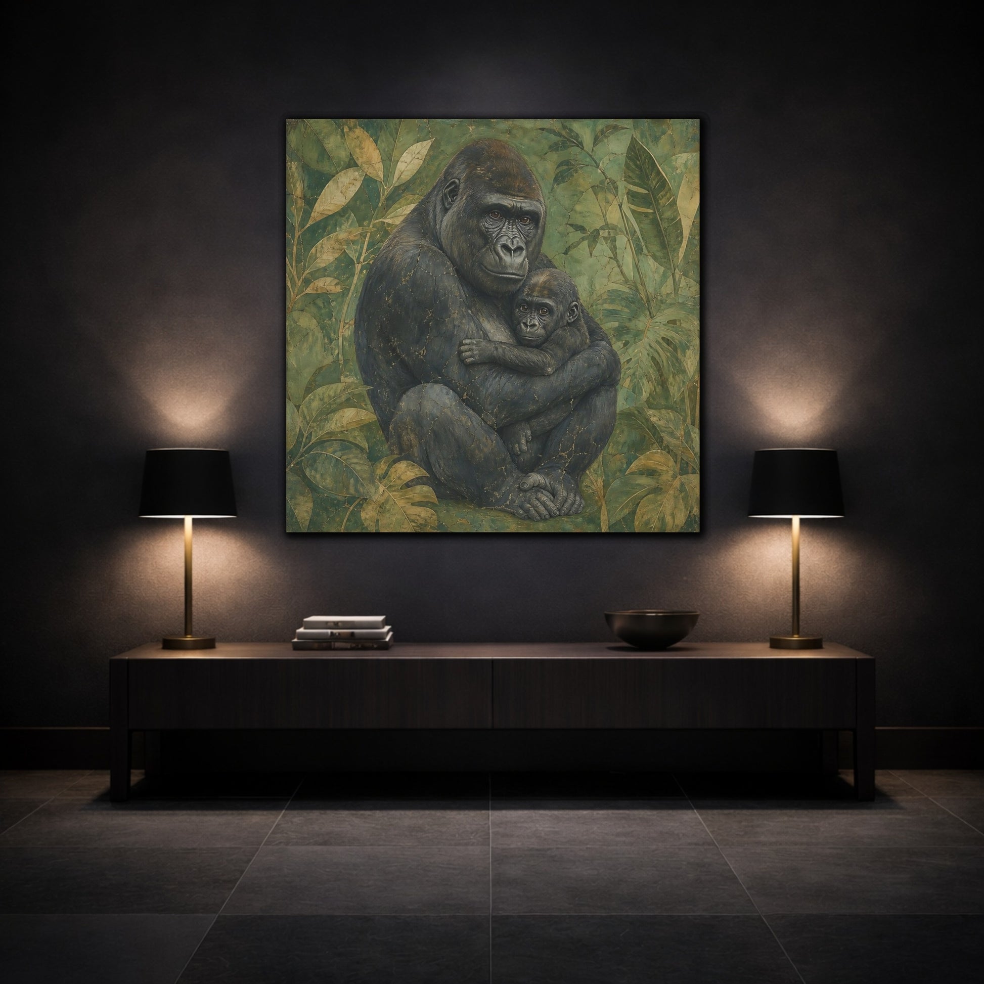 Mockup 3. Animals Gorilla And Baby Green Gorilla shown as canvas print