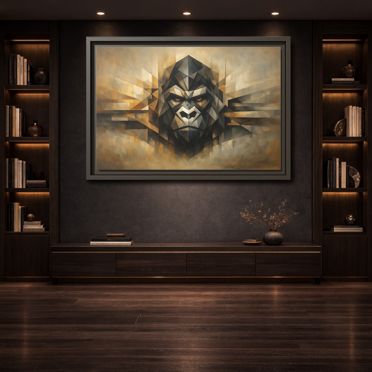 Mockup 3. Animals Gorilla Brown And Gold Gorilla shown as stretched canvas wall art