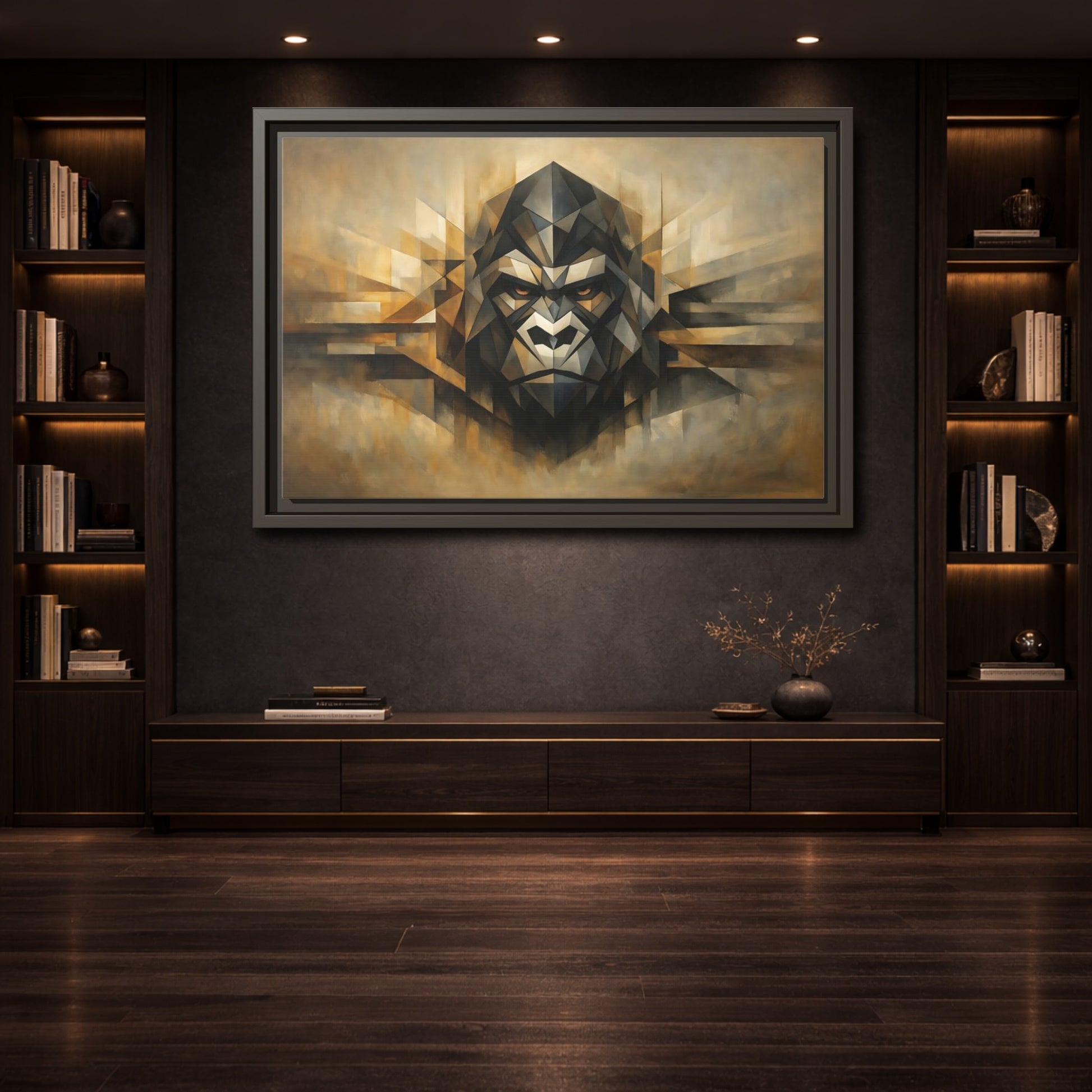 Mockup 3. Animals Gorilla Brown And Gold Gorilla shown as stretched canvas wall art