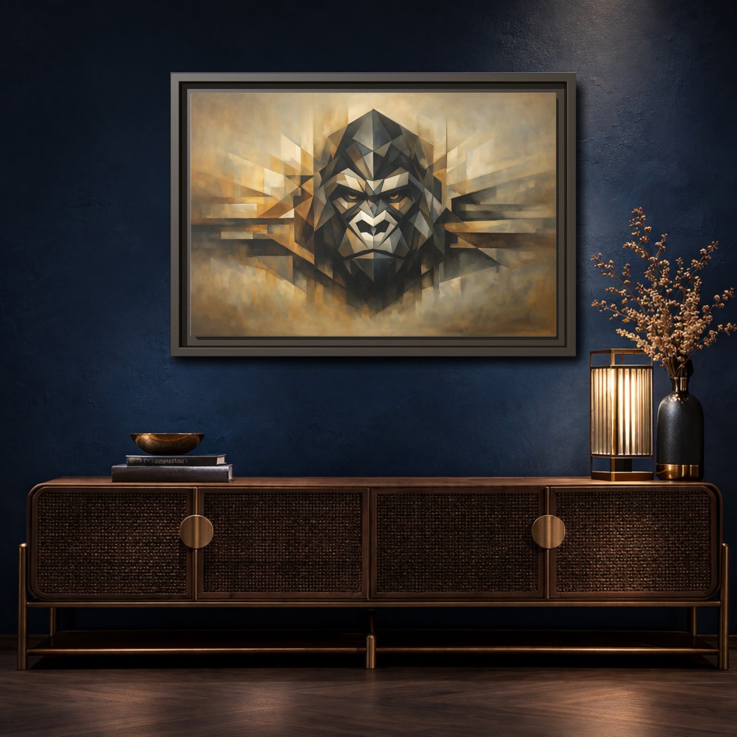 Mockup 4. Animals Gorilla Brown And Gold Gorilla shown as stretched canvas wall art