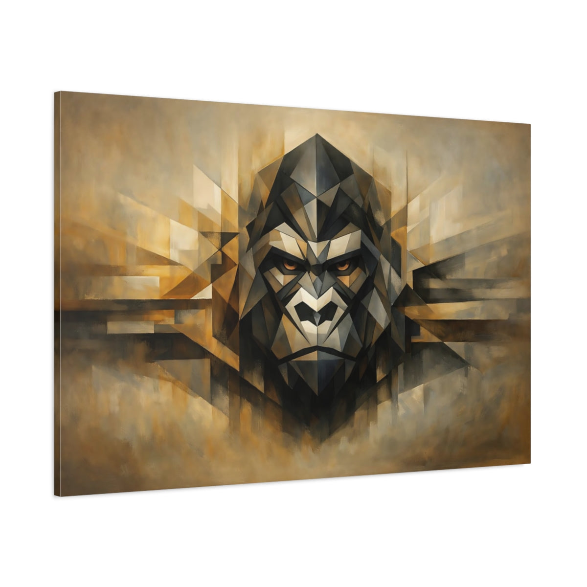 Main Mockup. Animals Gorilla Brown Gold Geometric shown as stretched canvas wall art