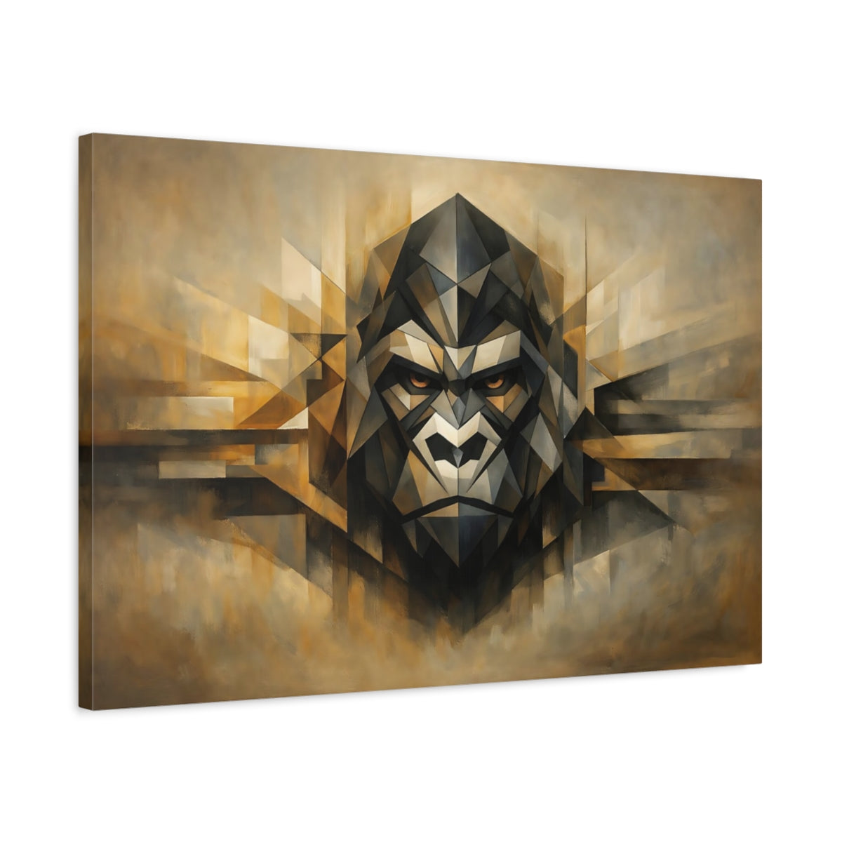 Side Mockup 2. Animals Gorilla Brown Gold Geometric shown as stretched canvas wall art