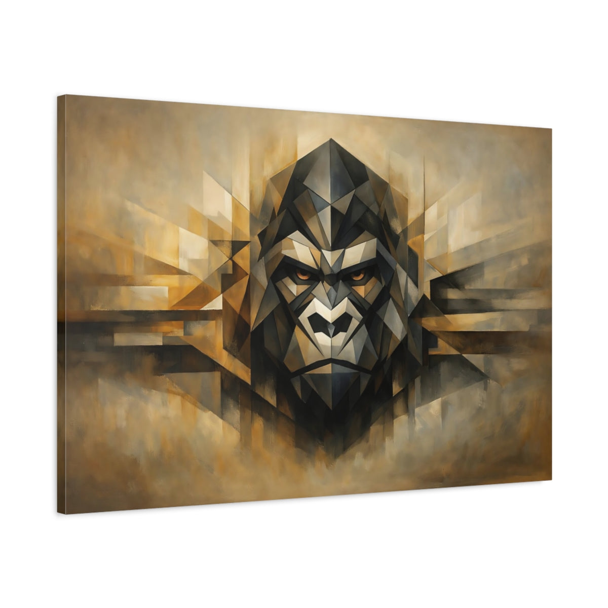 Side Mockup 1. Animals Gorilla Brown Gold Geometric shown as stretched canvas wall art