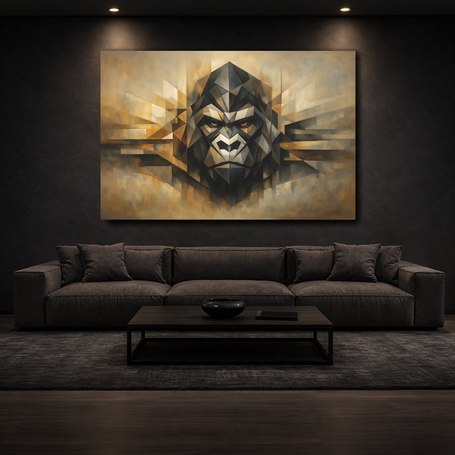 Mockup 2. Animals Gorilla Brown Gold Geometric shown as stretched canvas wall art