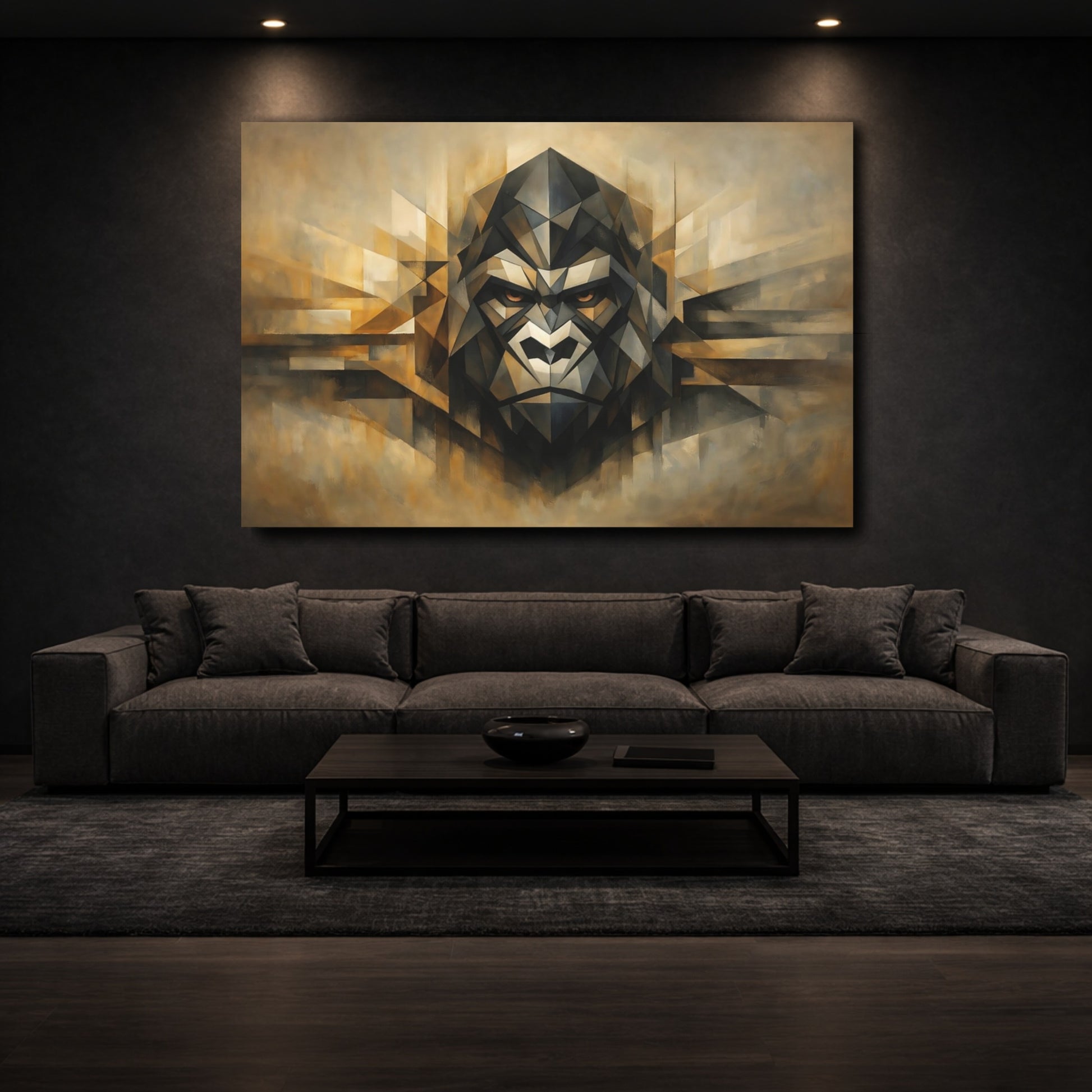 Mockup 2. Animals Gorilla Brown Gold Geometric shown as stretched canvas wall art