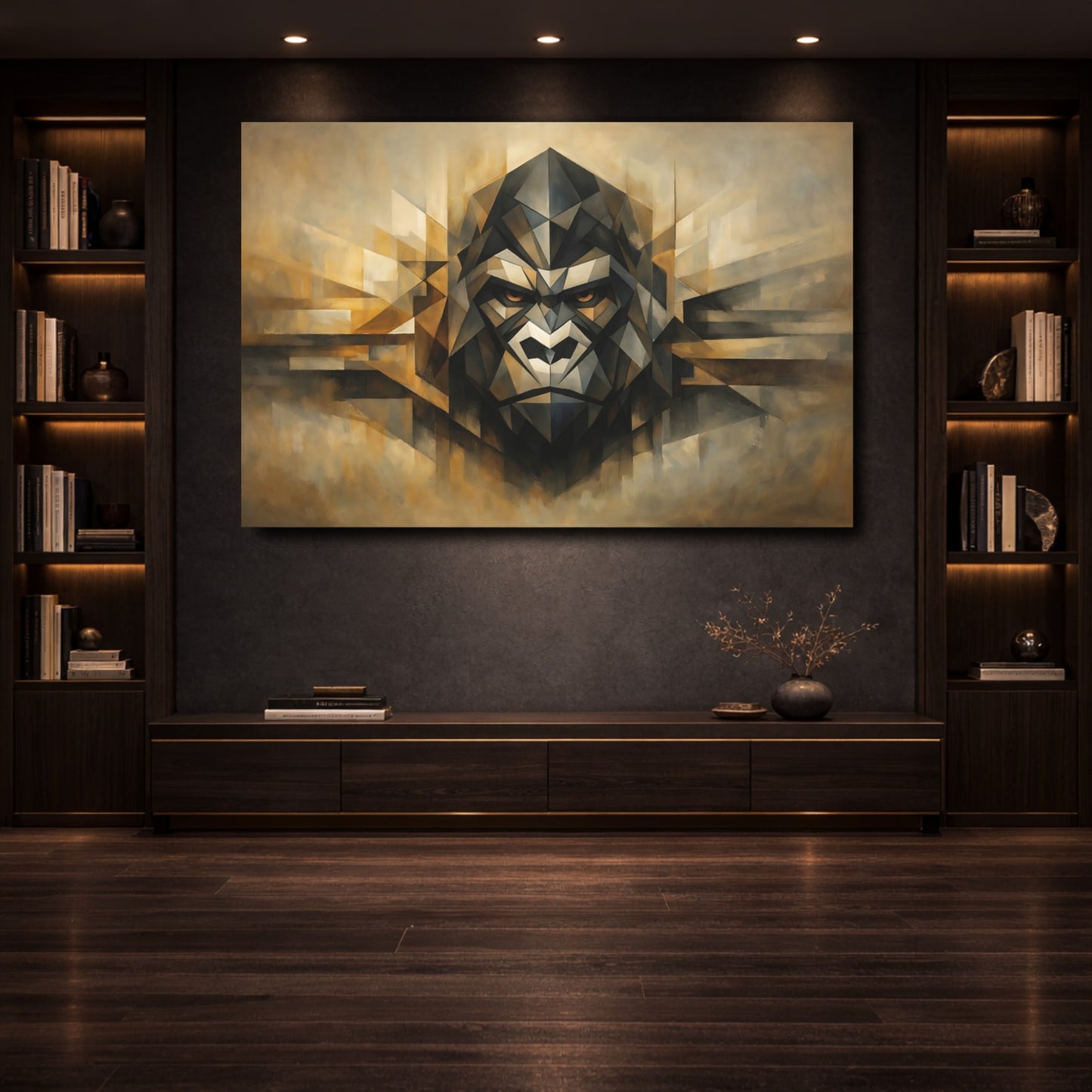 Mockup 3. Animals Gorilla Brown Gold Geometric shown as stretched canvas wall art