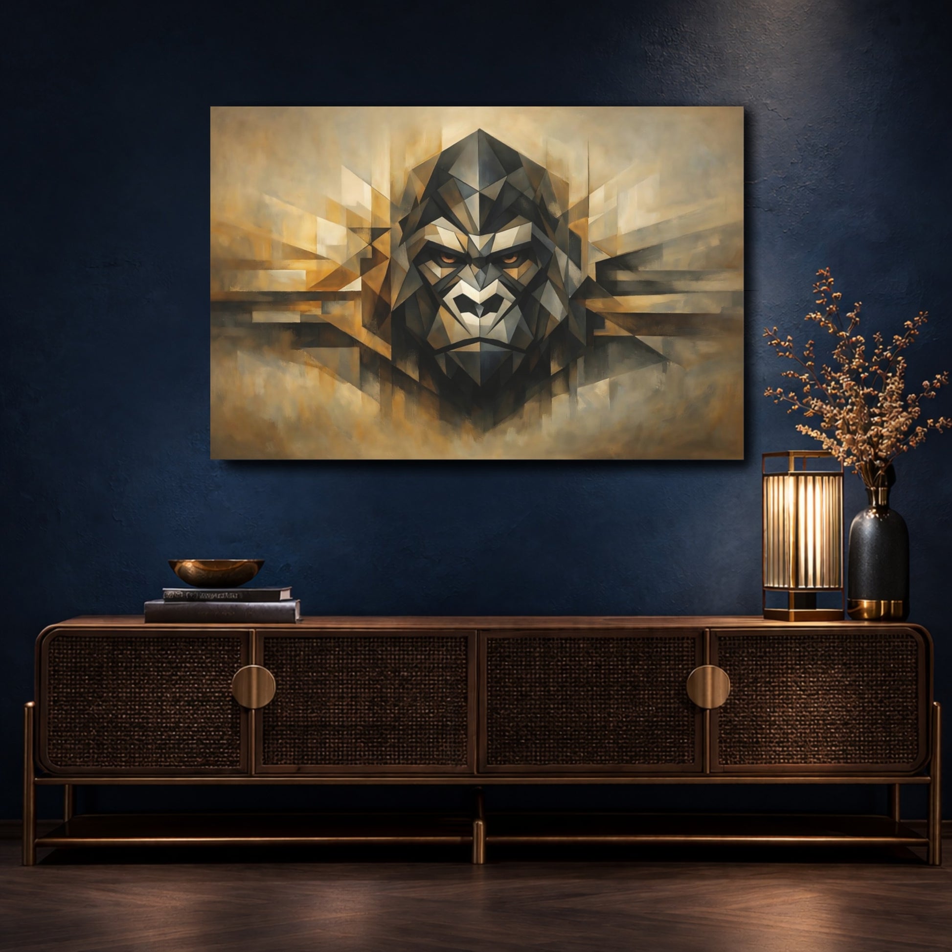 Mockup 4. Animals Gorilla Brown Gold Geometric shown as stretched canvas wall art