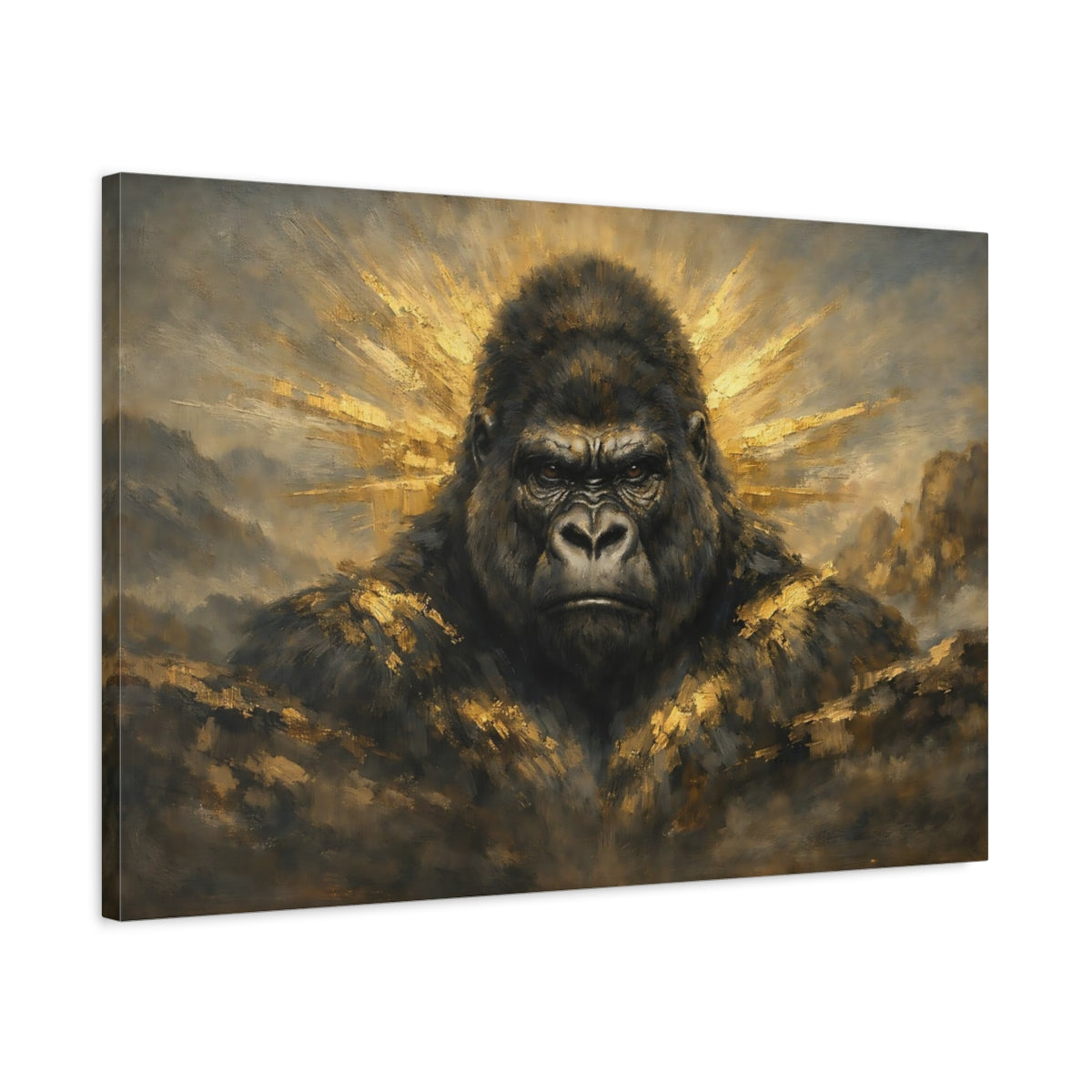 Side Mockup 2. Animals Gorilla Gold And Black Gorilla shown as stretched canvas wall art