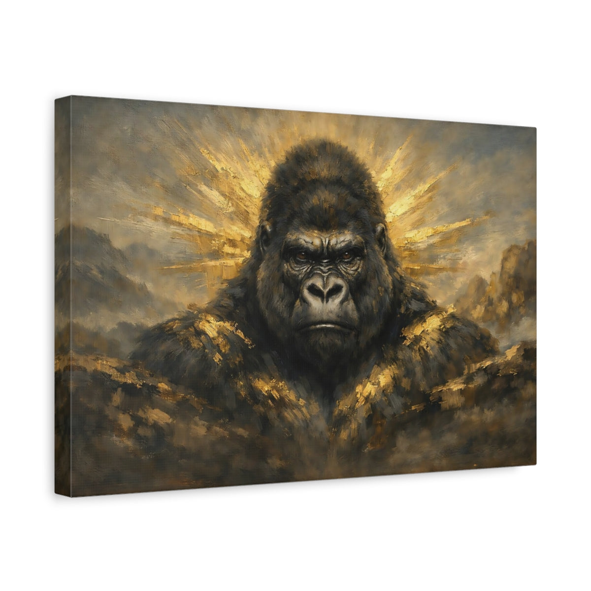 Side Mockup 4. Animals Gorilla Gold And Black Gorilla shown as stretched canvas wall art