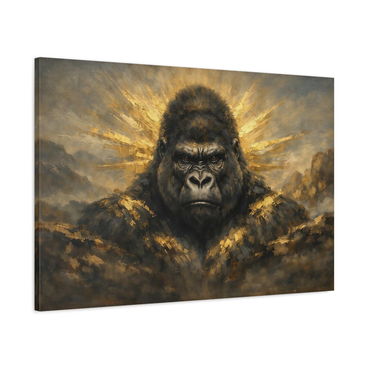 Side Mockup 1. Animals Gorilla Gold And Black Gorilla shown as stretched canvas wall art