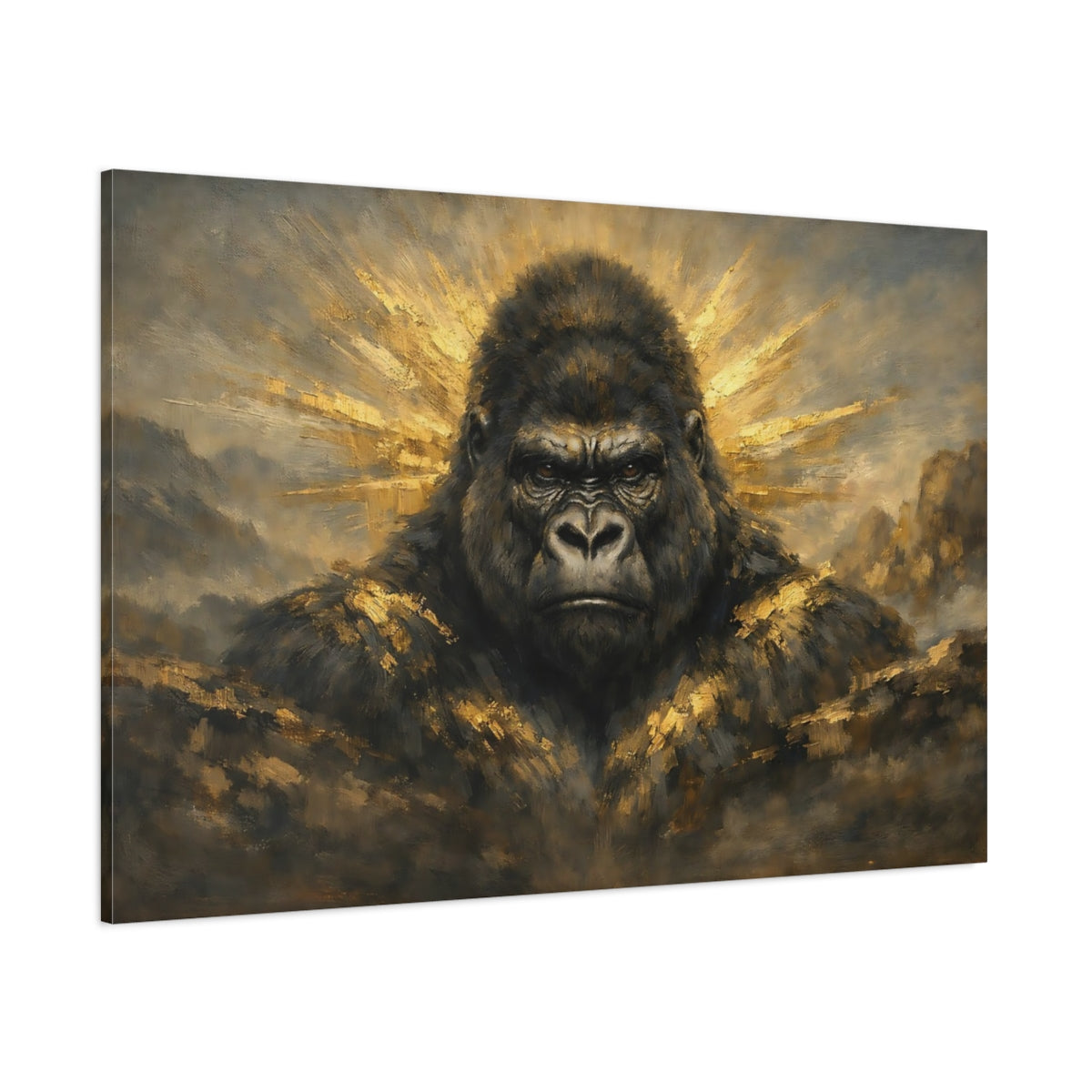 Main Mockup. Animals Gorilla Gold And Black Gorilla shown as stretched canvas wall art